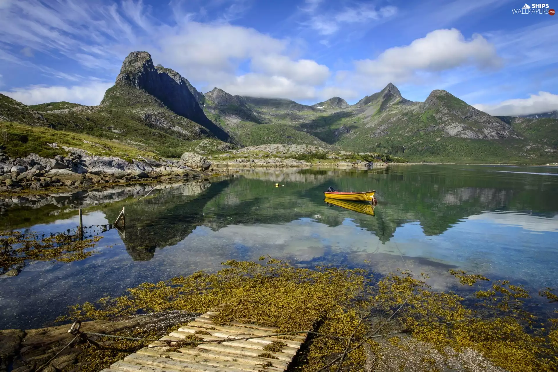 Boat, Mountains, lake