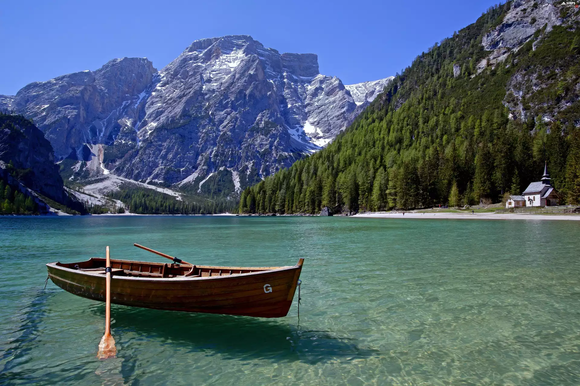 lake, church, Mountains, Boat