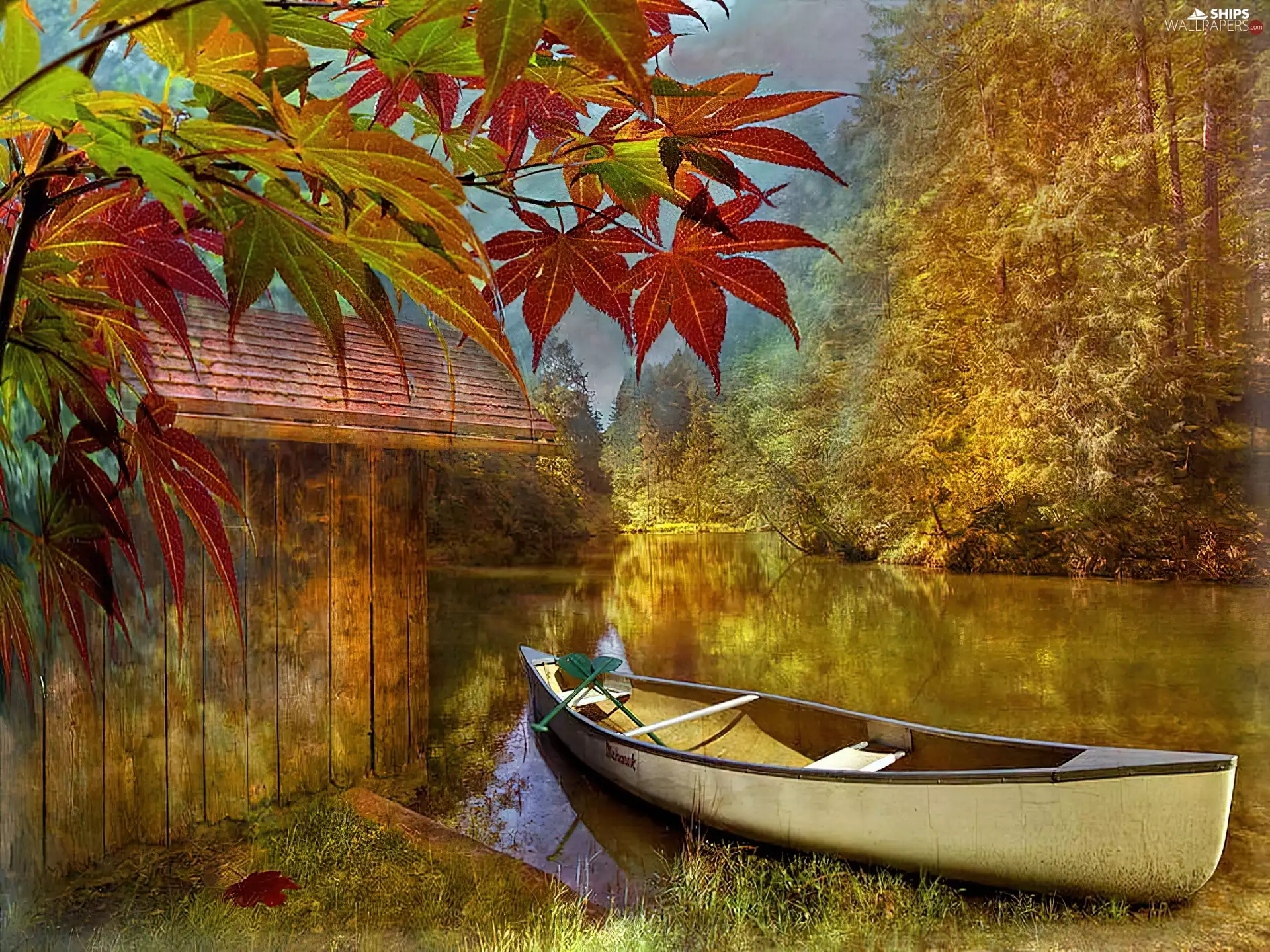 lake, Leaf, painting, Boat