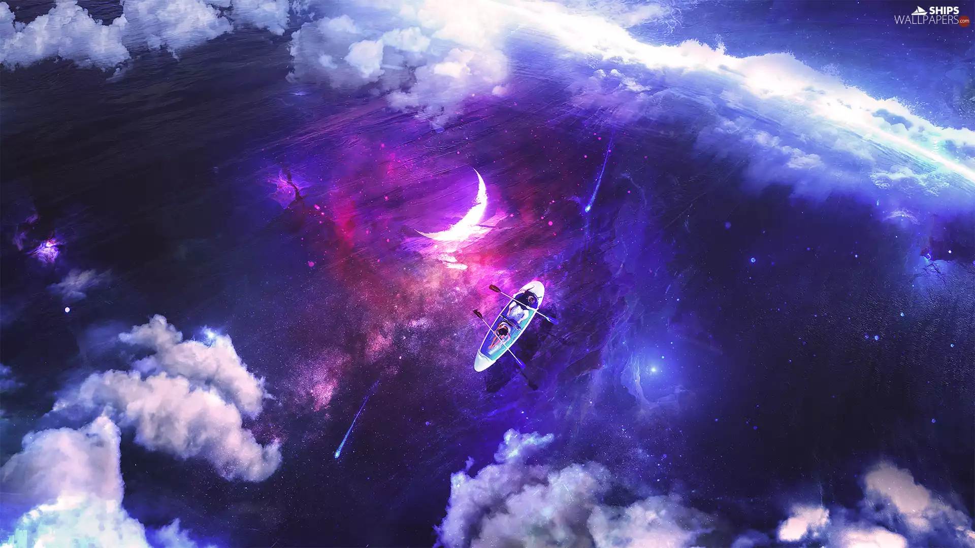 Boat, Sky, Aerial View, moon, reflection, lake, graphics, clouds