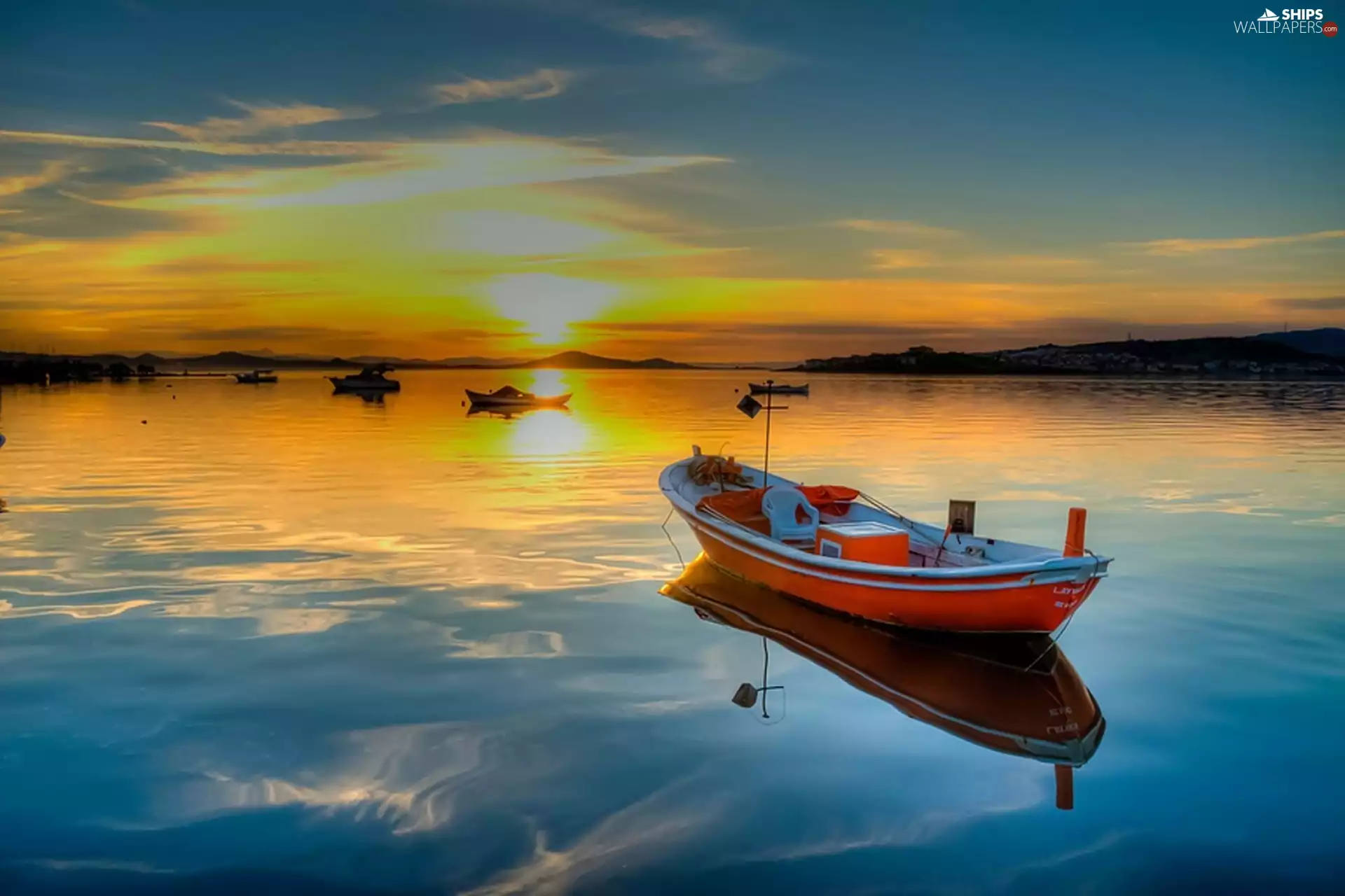 lake, west, sun, Boat