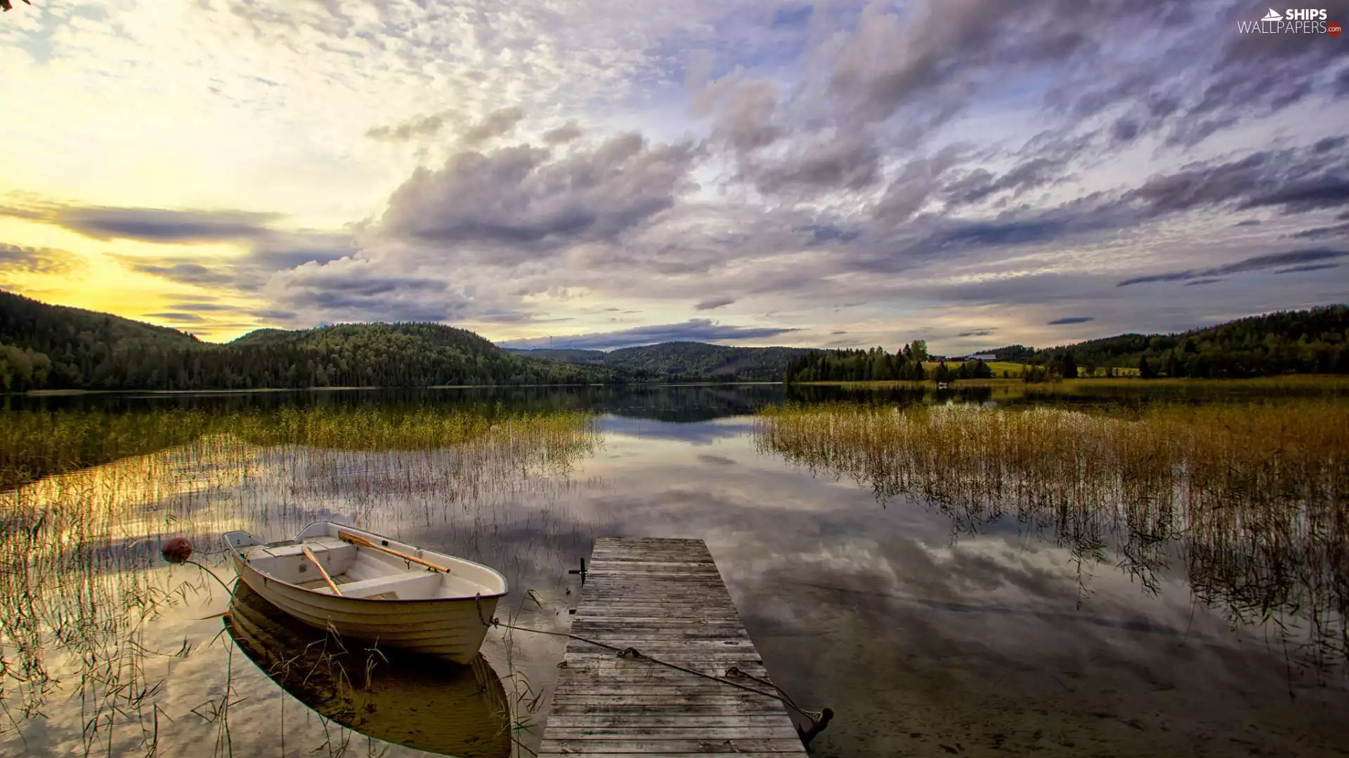 lake, Platform, Sunrise, Boat