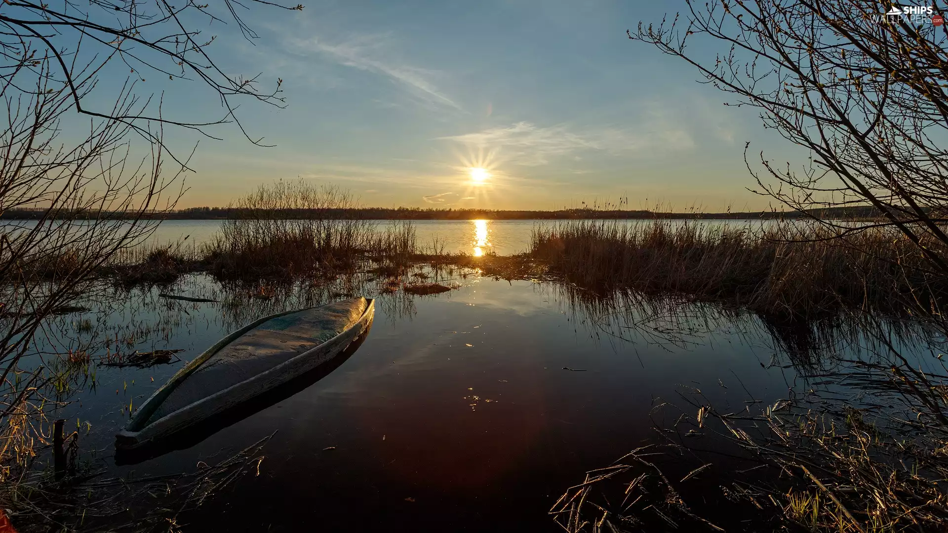 autumn, Great Sunsets, Boat, grass, lake