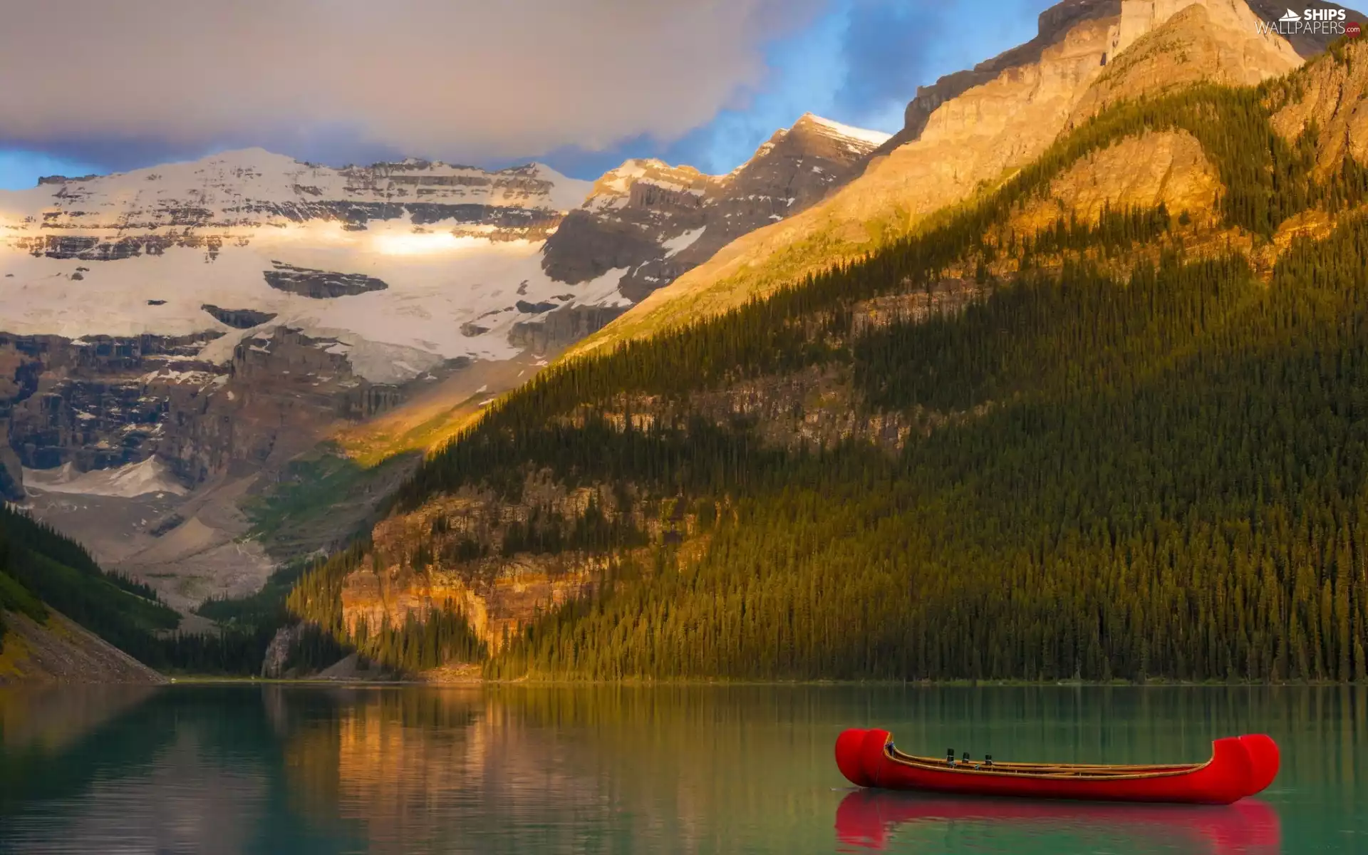 Boat, lake, Mountains, woods, flash, luminosity, ligh, sun, Przebijające