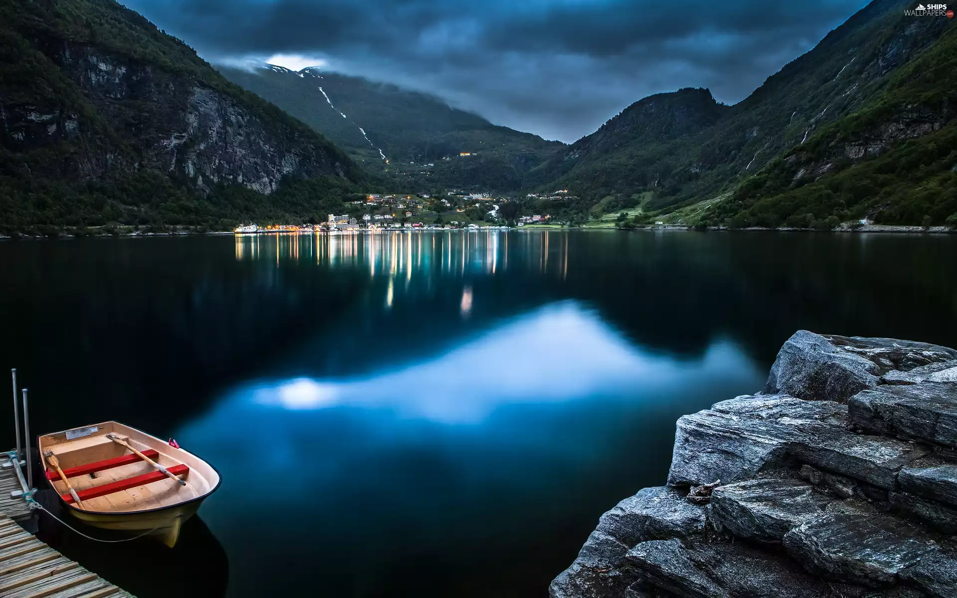 Mountains, Norway, light, Boat, reflected, Fiord Geiranger