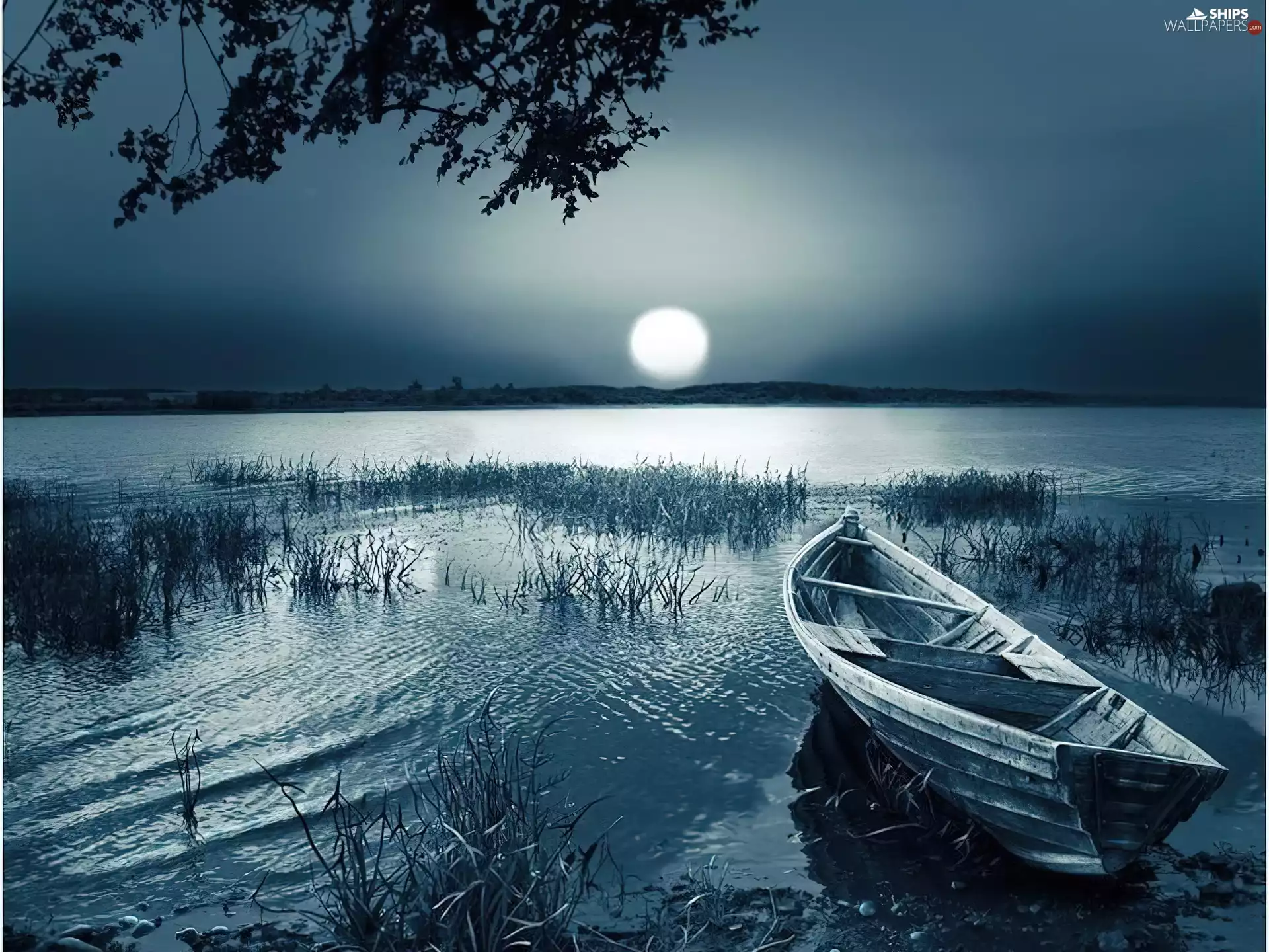 Boat, lake, moon