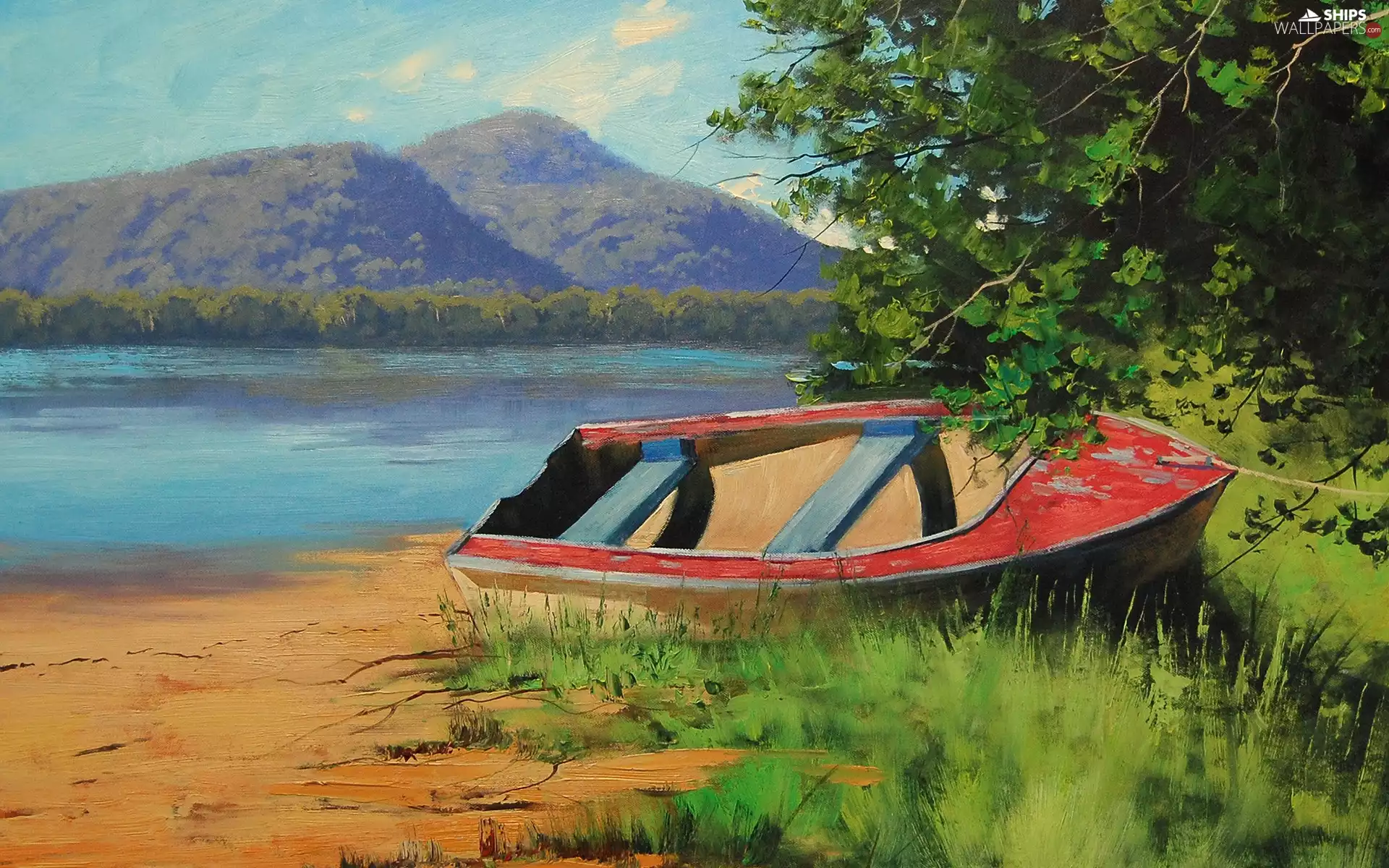 Boat, lake, Mountains