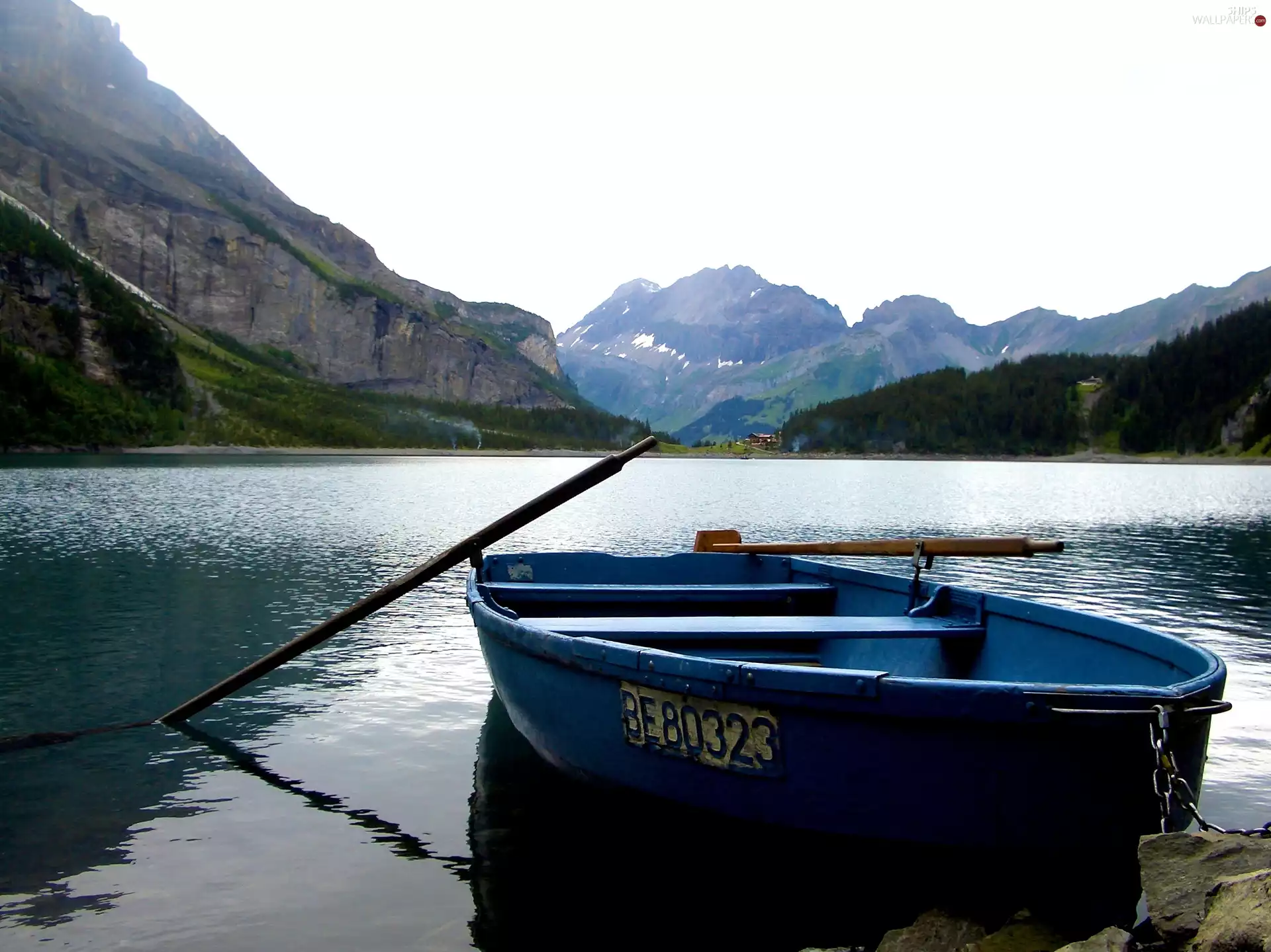 Boat, lake, Mountains