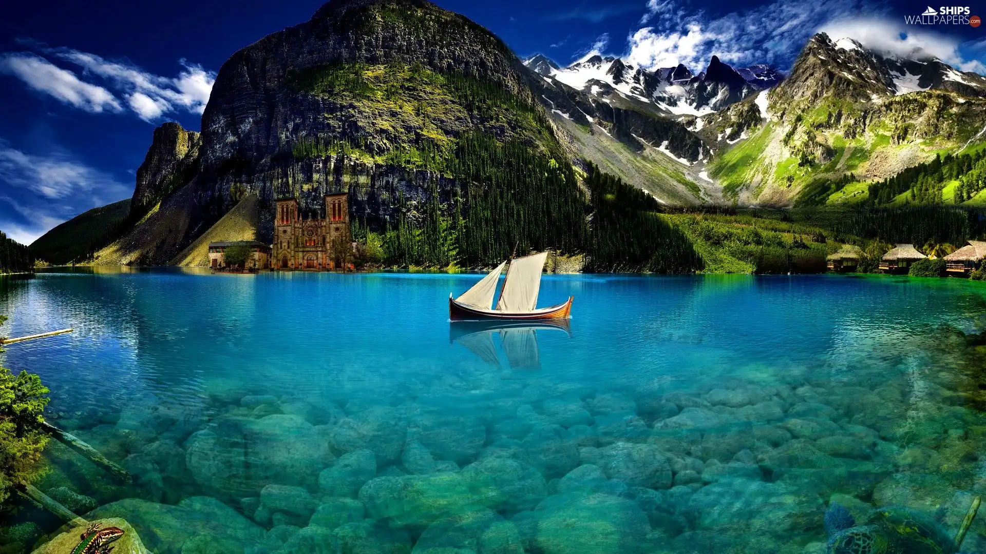 Mountains, lake, Boat, clear