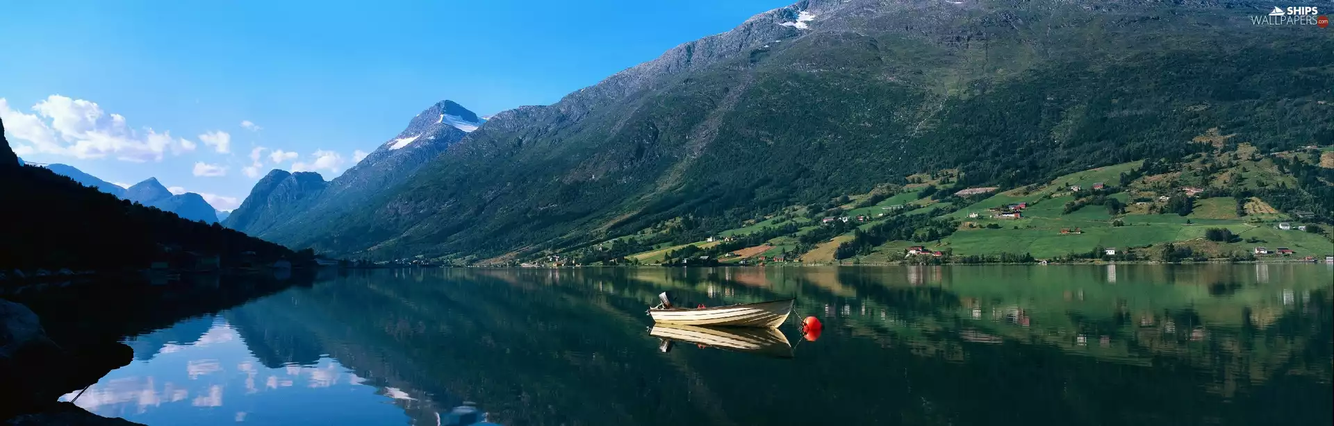 Boat, lake, Mountains
