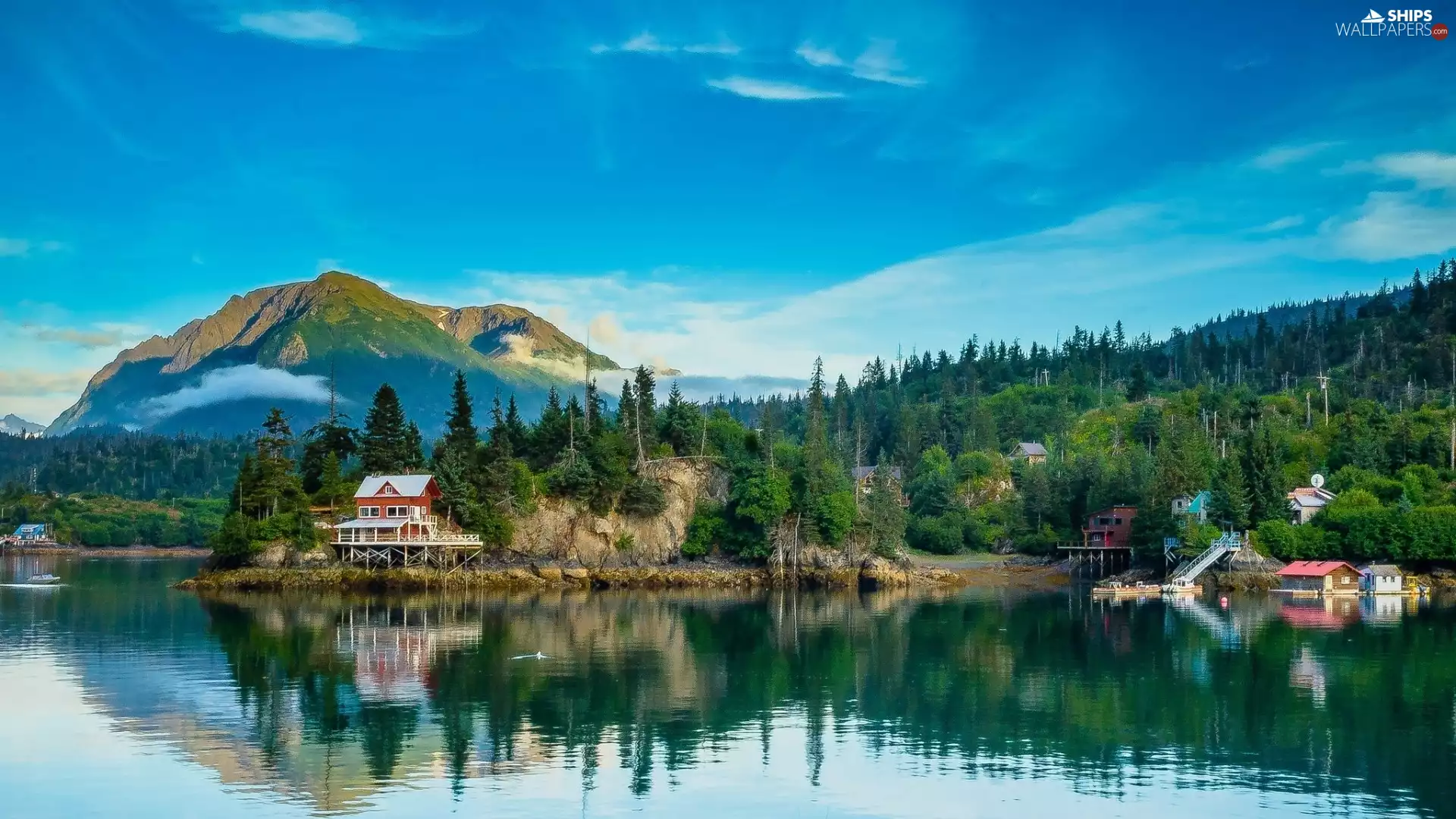 Houses, Boat, Mountains, woods, River