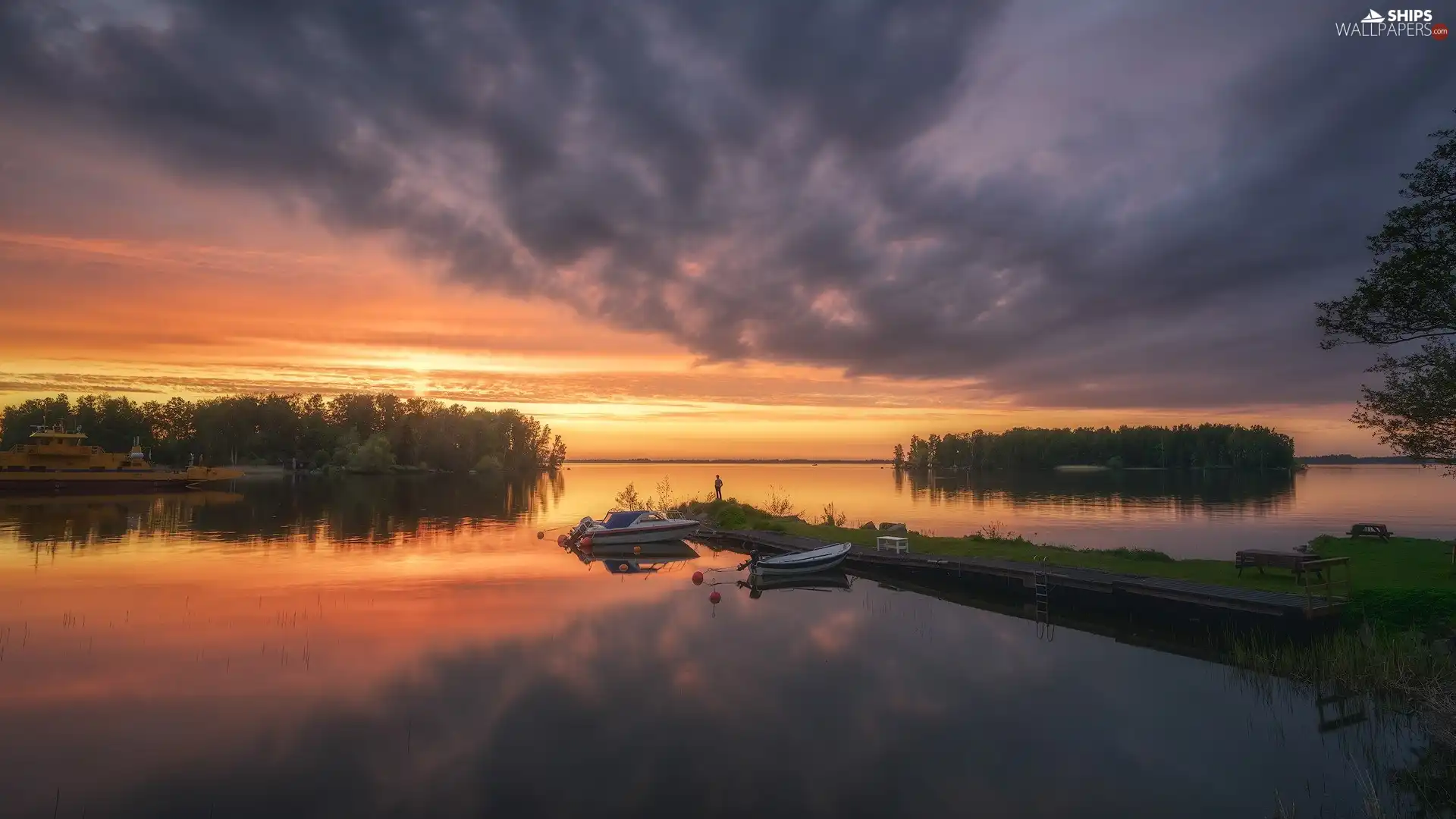 Boat, forest, clouds, trees, Great Sunsets, Platform, lake, viewes