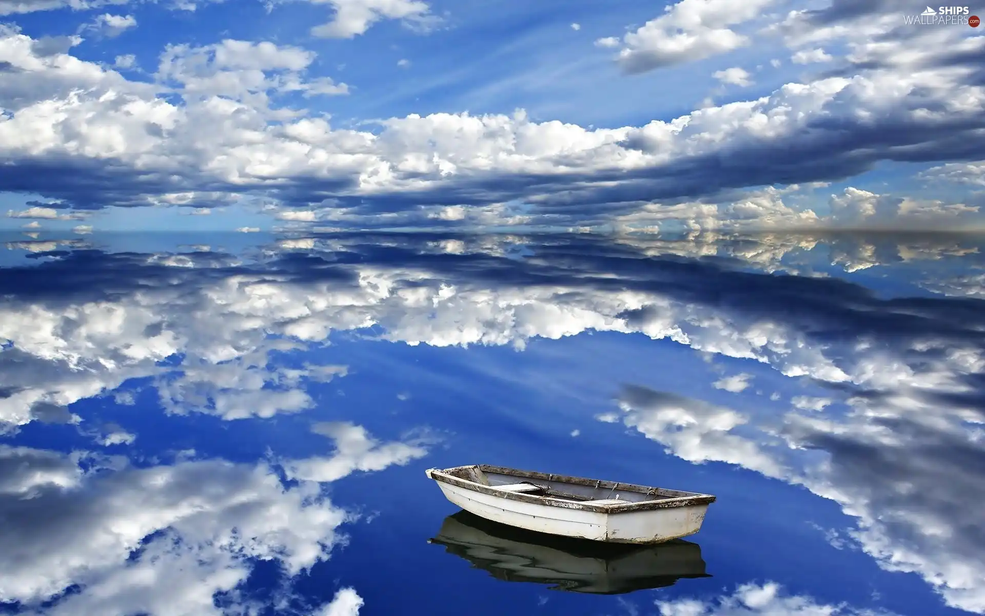 Boat, reflection, Sky, lake, clouds