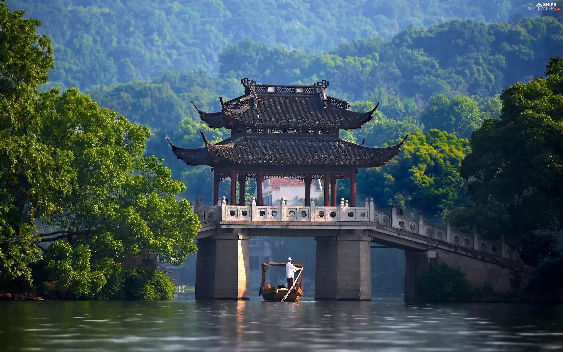 bridge, Boat, River, woods, China