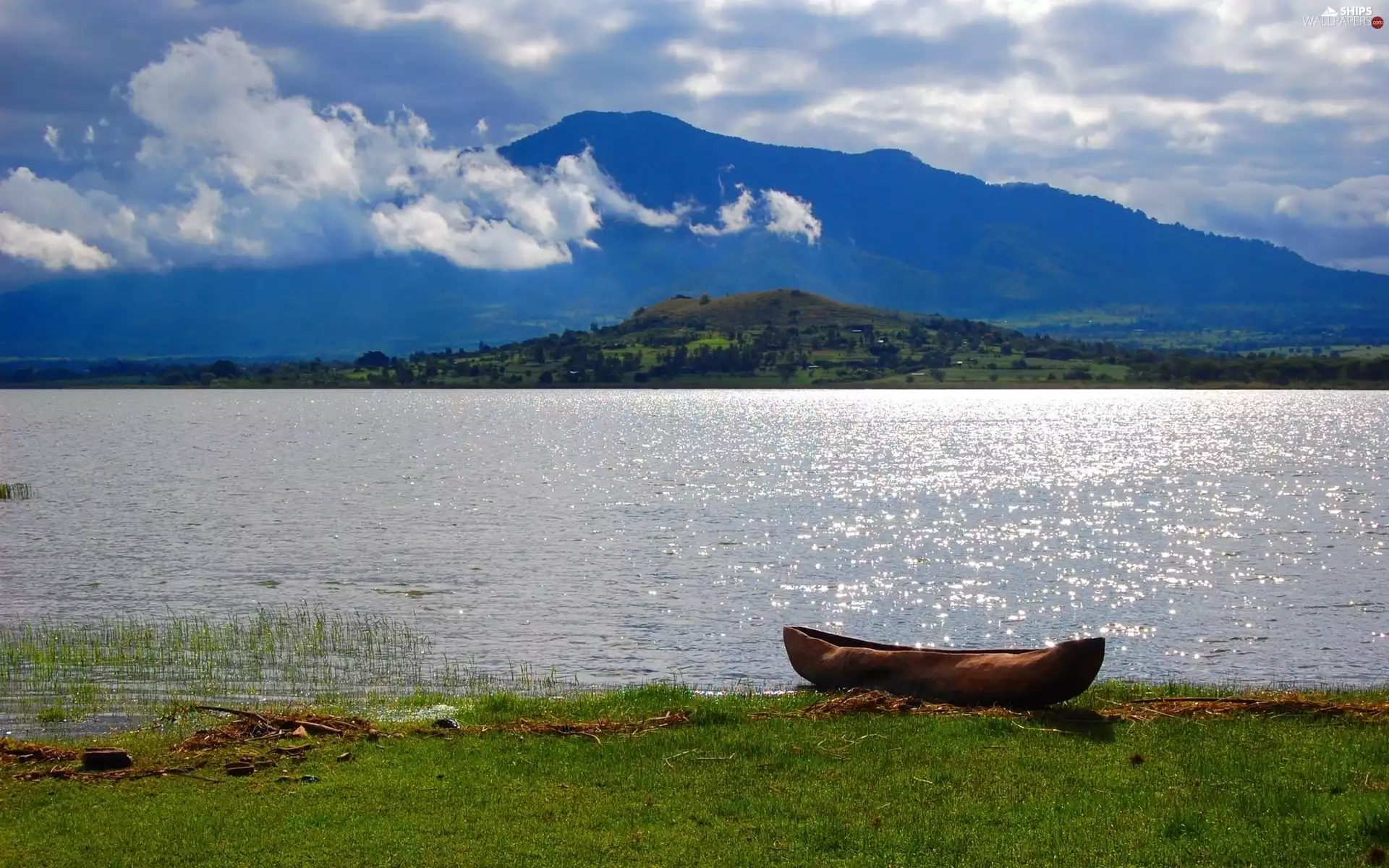 River, Mountains, clouds, Boat