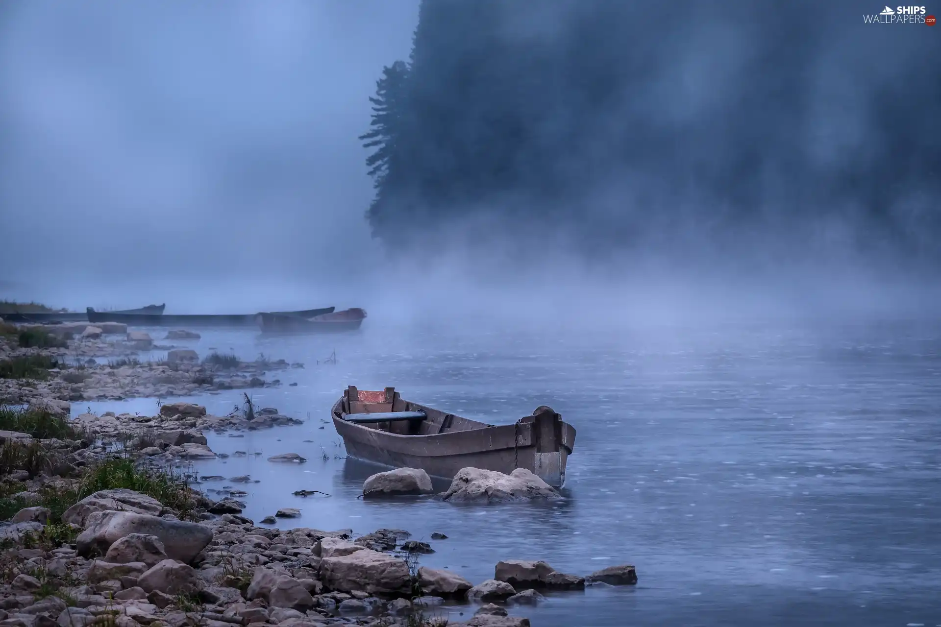 River, Stones, Fog, Boat