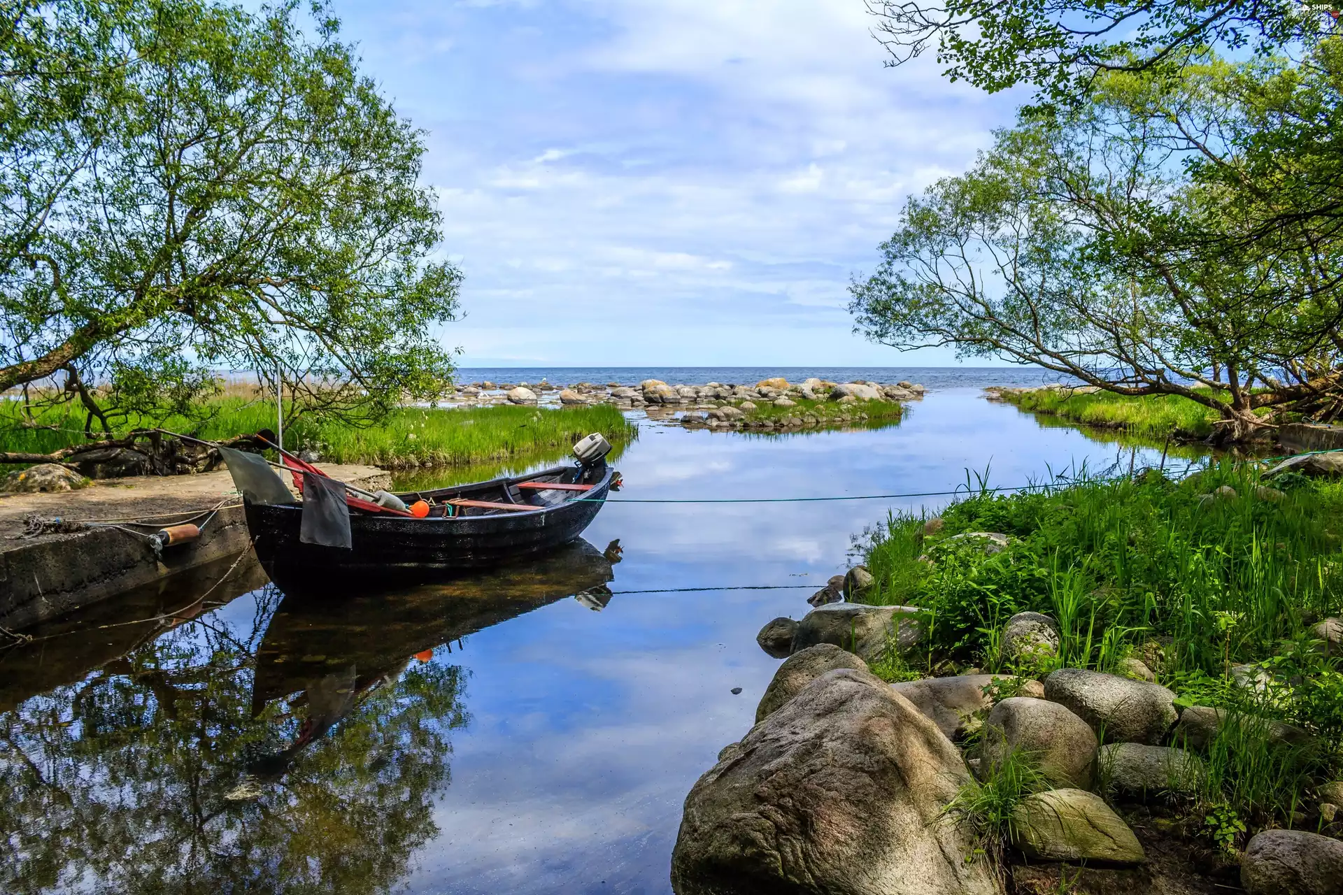 River, Stones, Platform, Boat