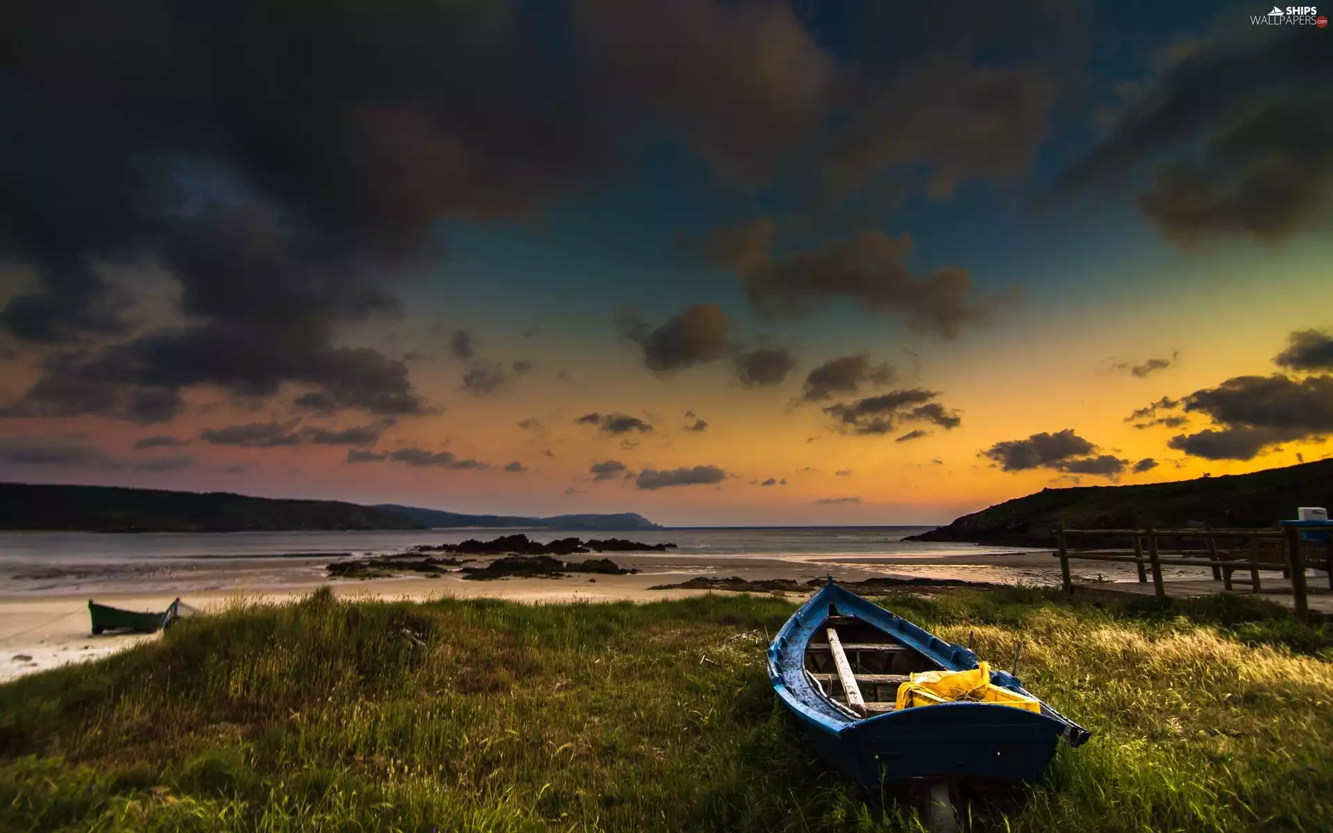 coast, Boat, sun, lake, west
