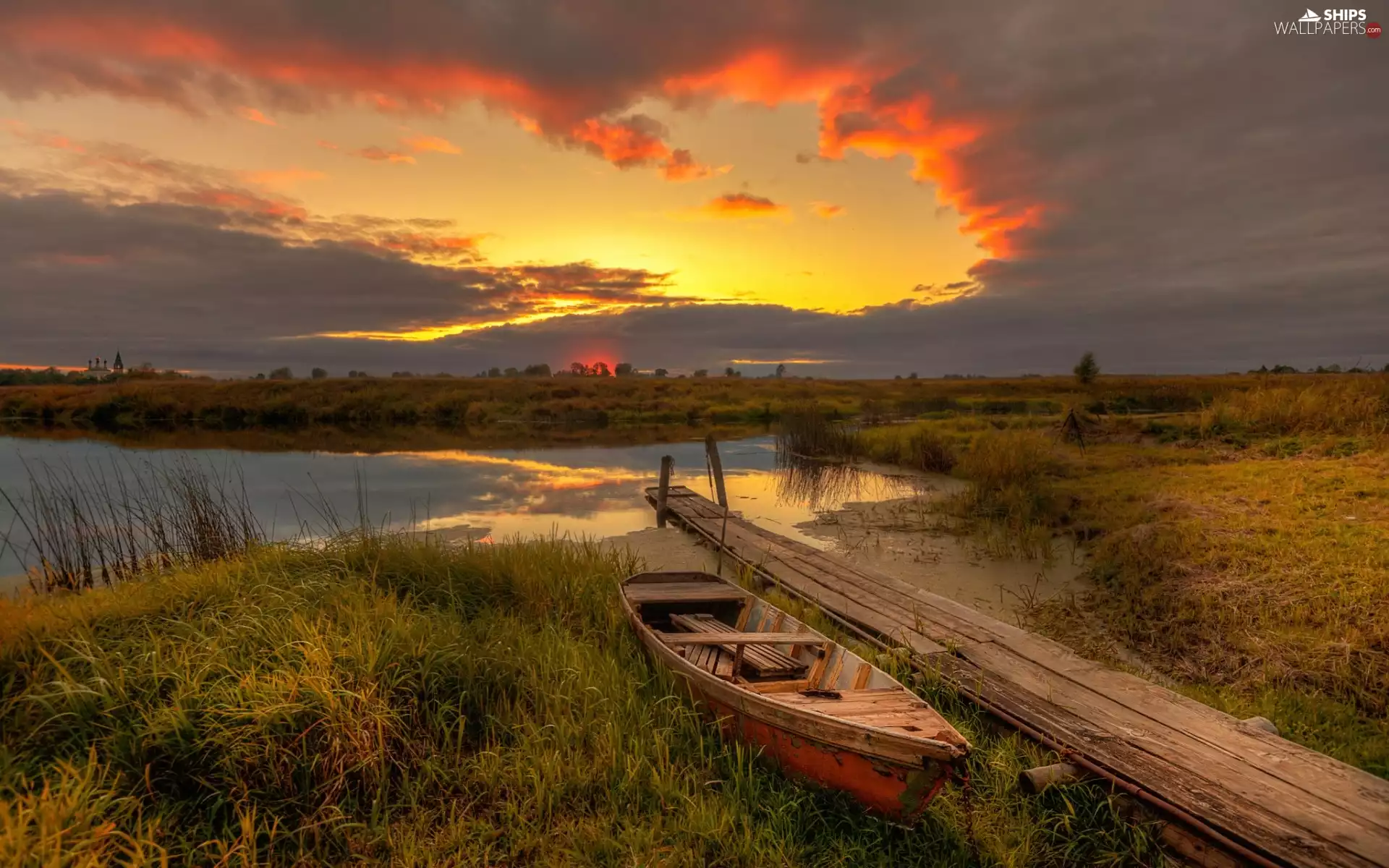 Platform, Boat, sun, lake, west