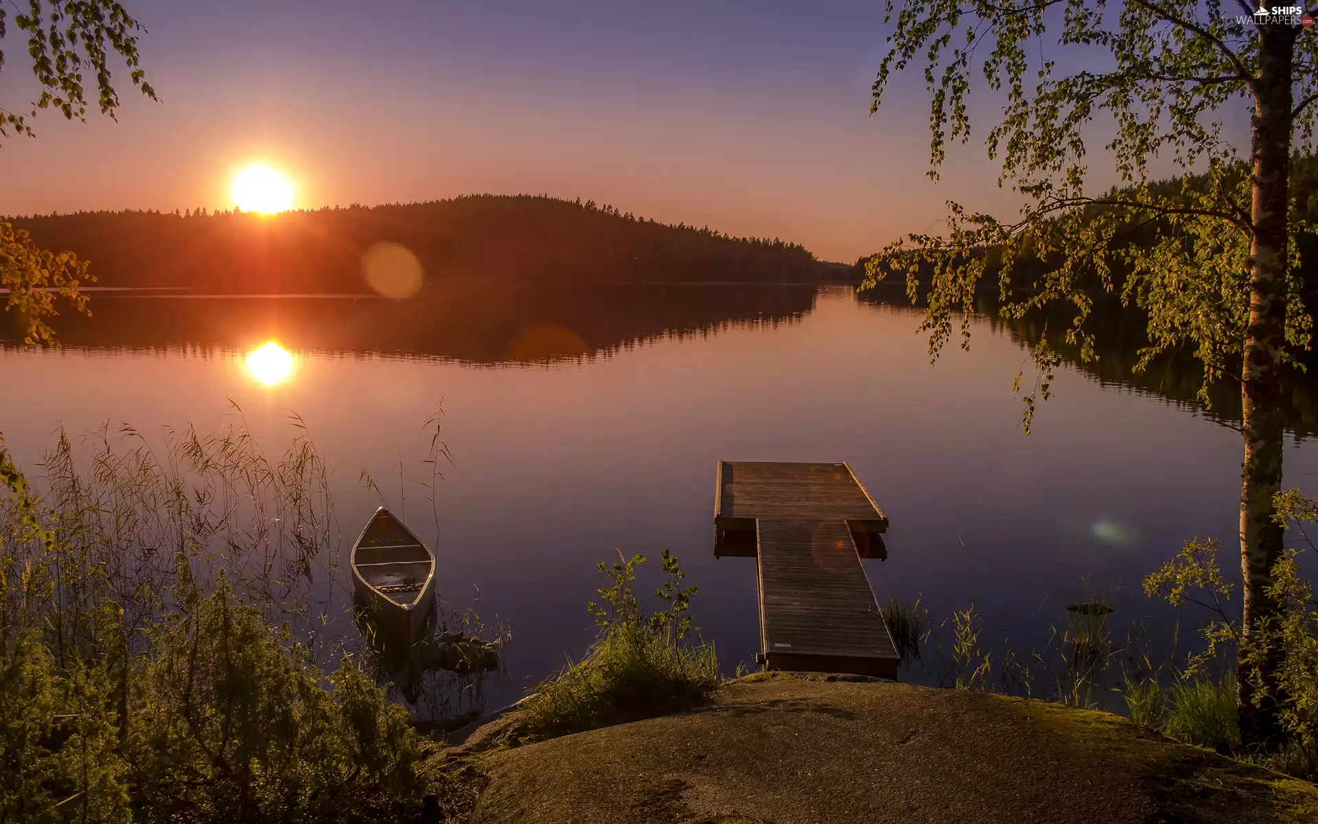 Boat, lake, Sunrise