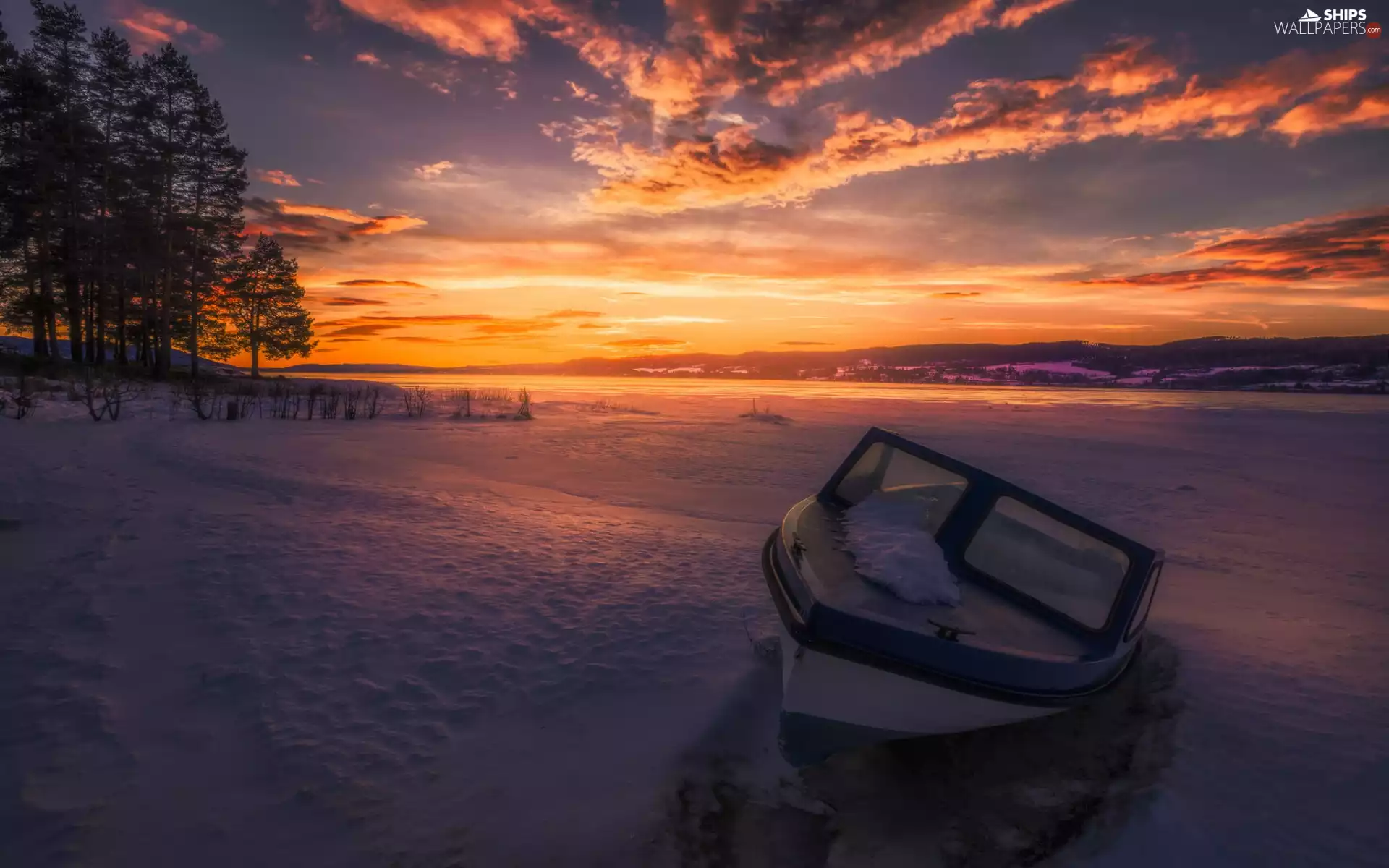 winter, lake, Motor boat, Great Sunsets