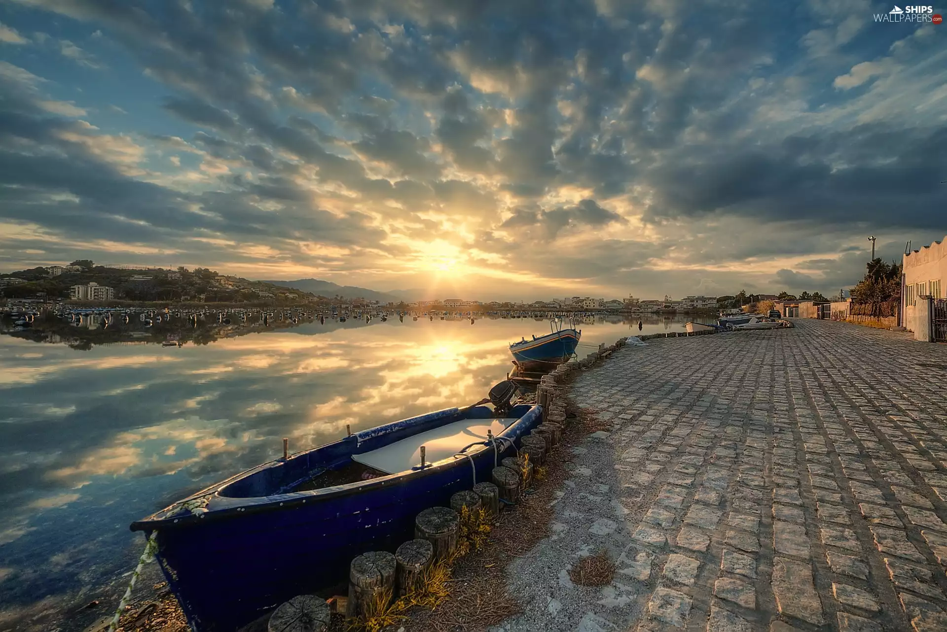 lake, Boat, Town, Great Sunsets
