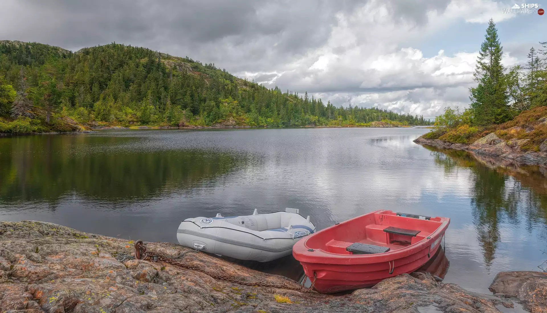 point, rocks, trees, Boat, lake, clouds, viewes