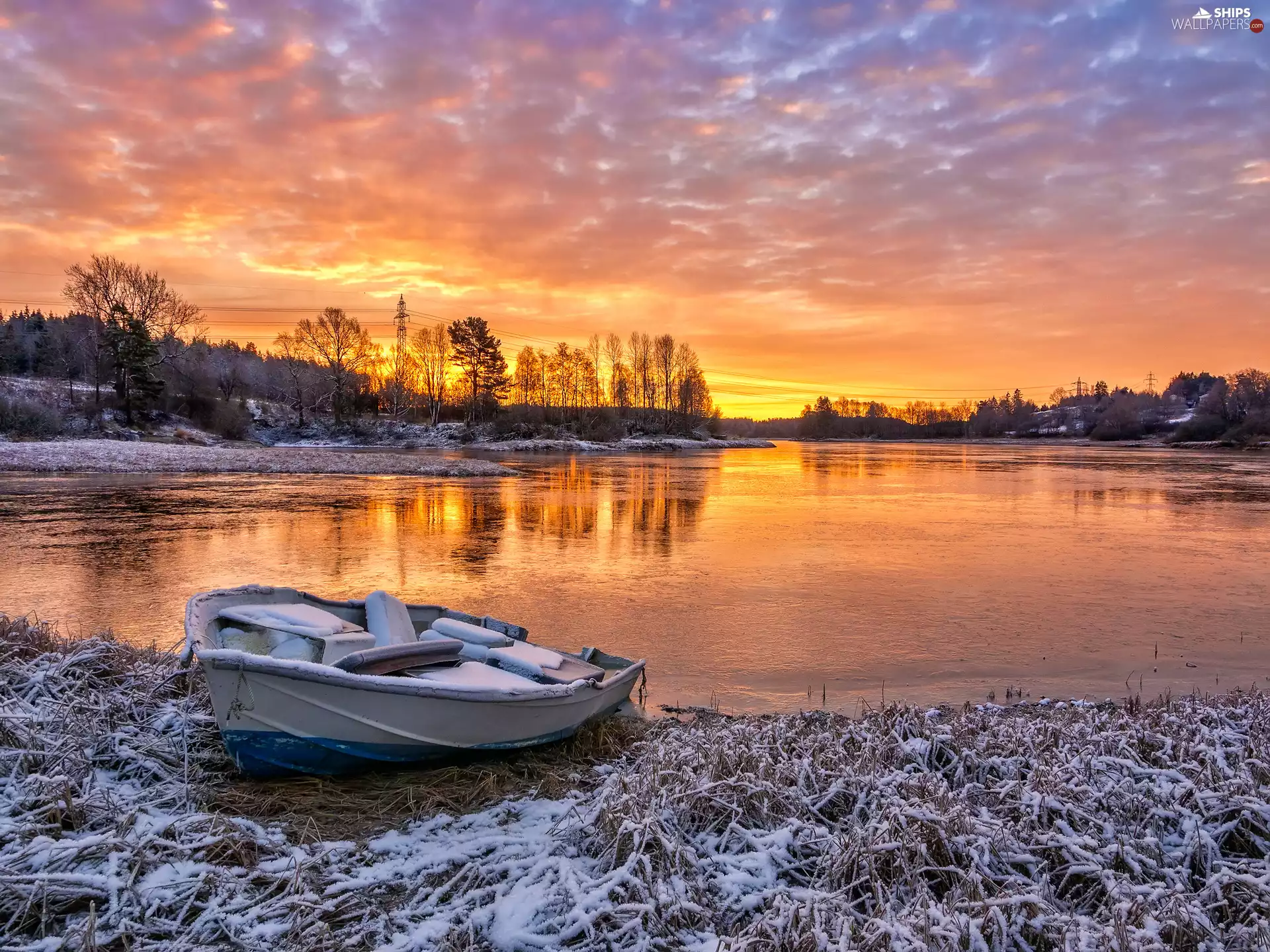 lake, snow, viewes, Great Sunsets, winter, trees, Boat