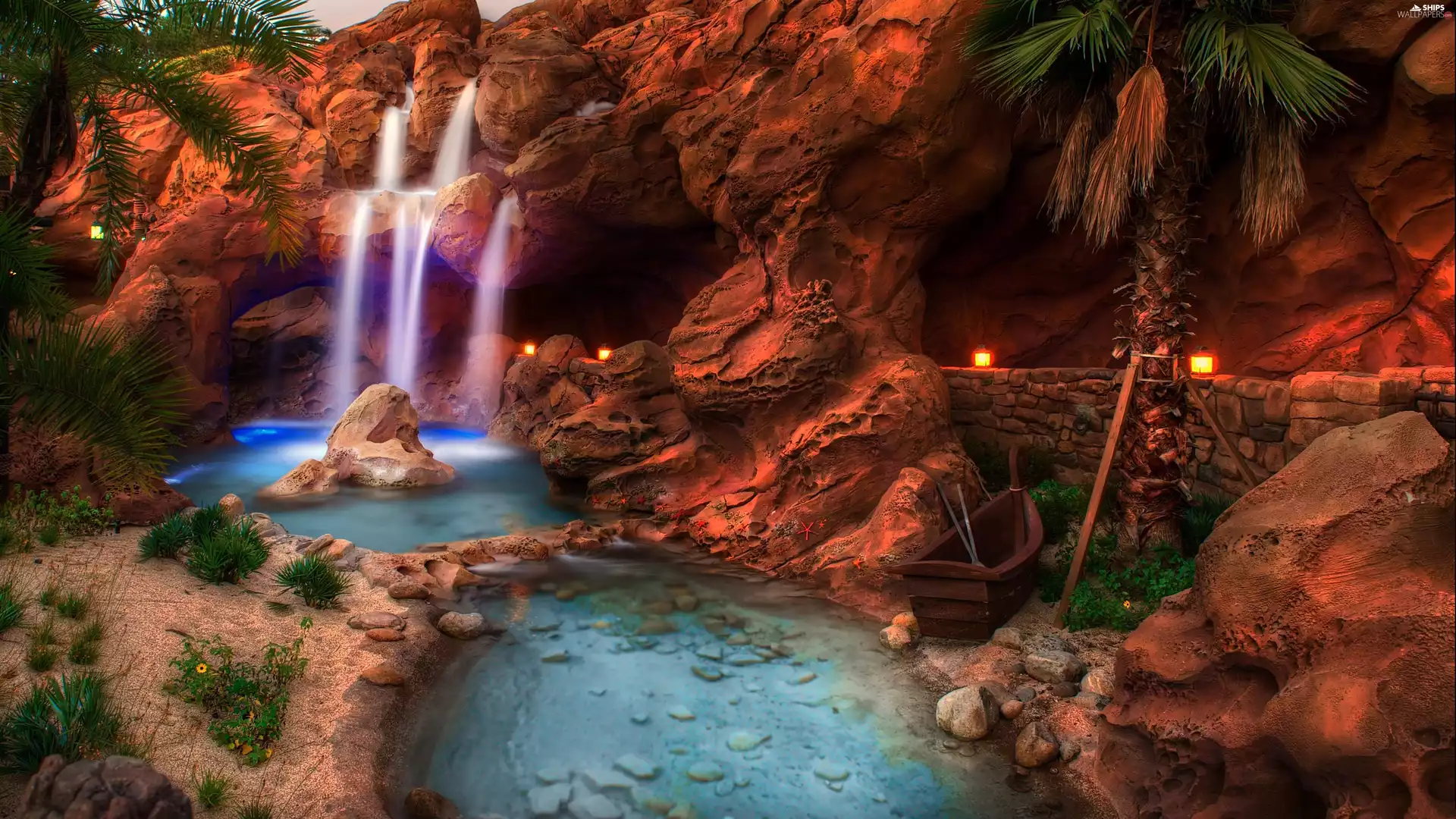 Boat, rocks, waterfall