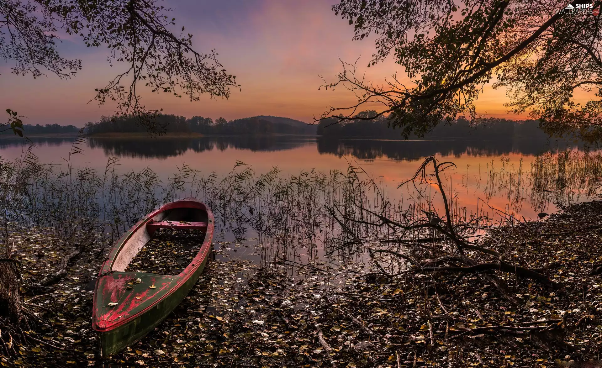coast, Boat, west, sun, lake