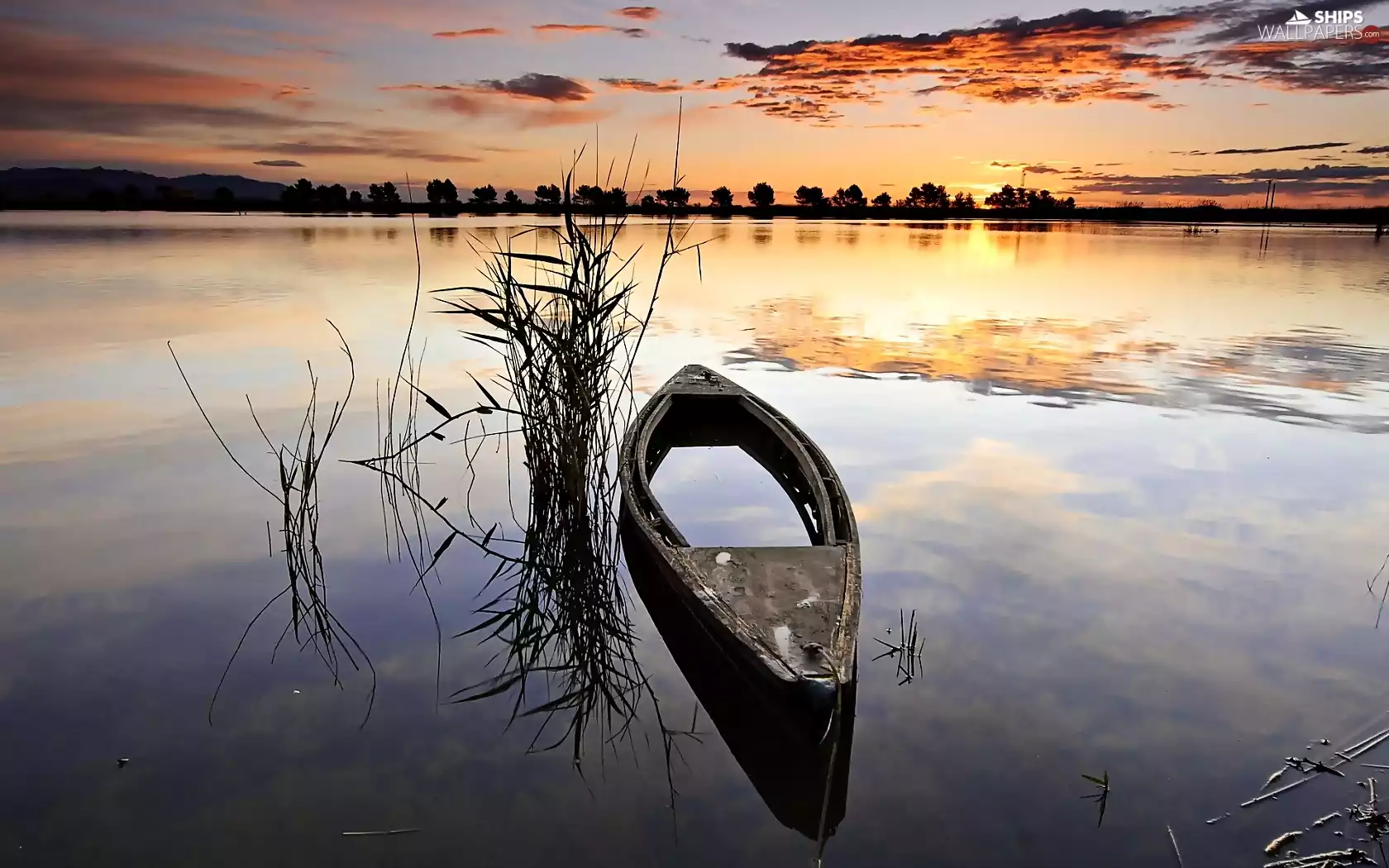 sun, clouds, Old, Boat, lake, west