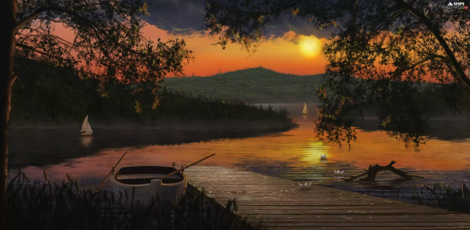 sun, lake, Platform, Boat, Mountains, west