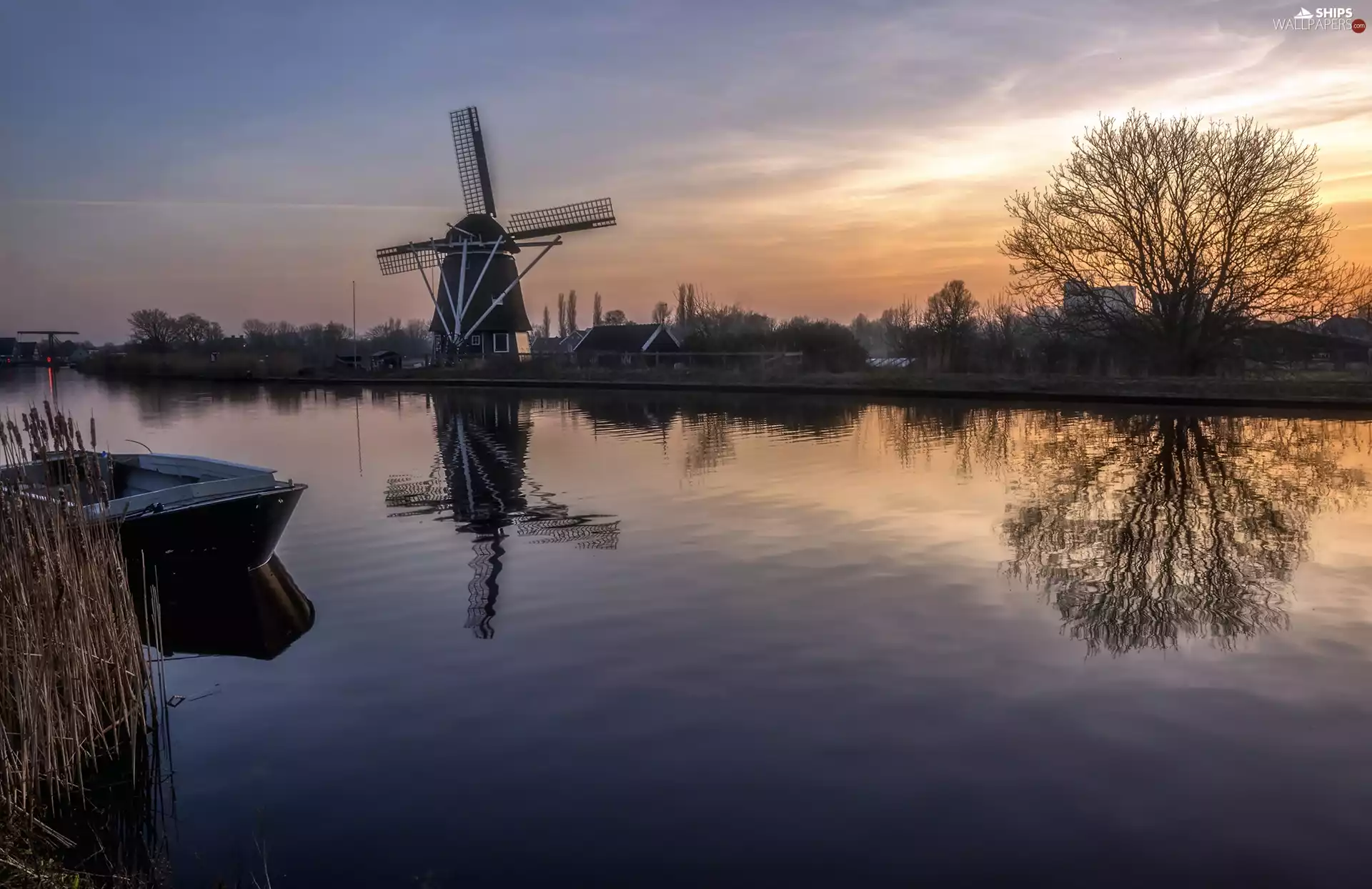 Windmill, River, trees, Boat