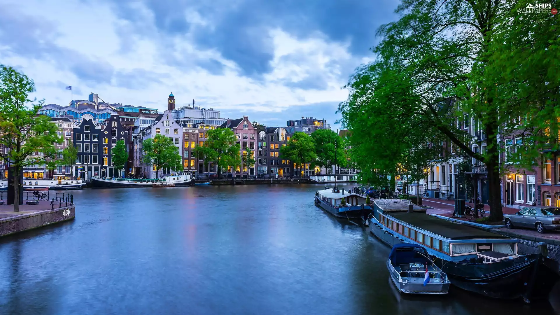 Town, Netherlands, canal, Boats, Houses, Amsterdam