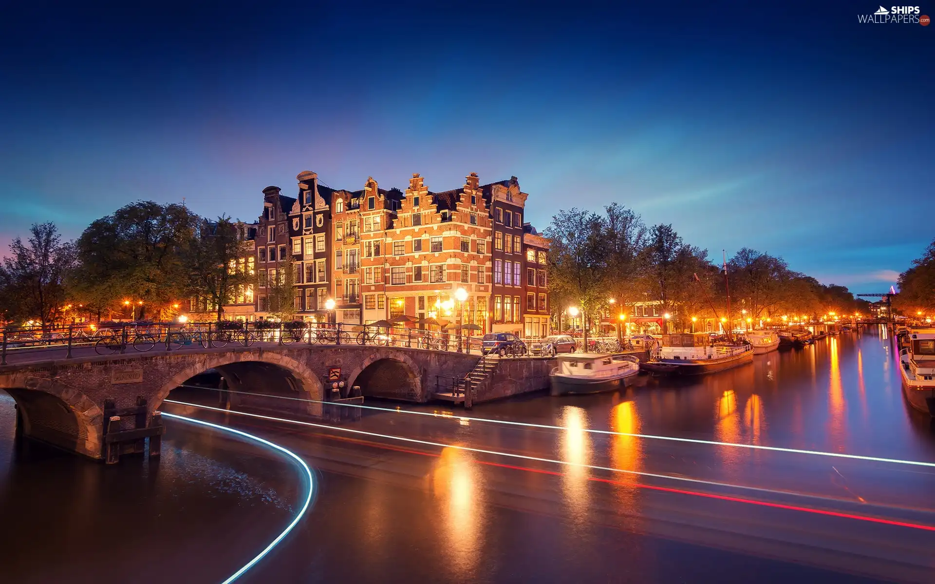 buildings, Boats, Night, Barges, Netherlands, bridge, River, Amsterdam