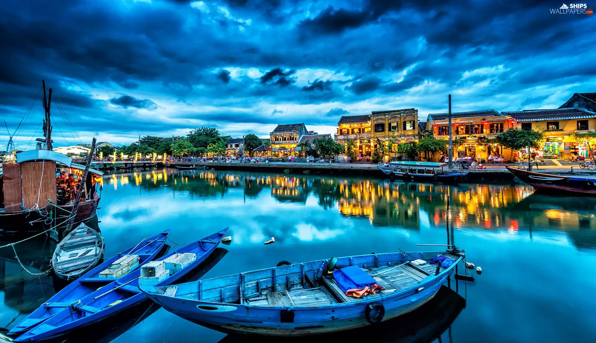 port, boats, clouds, Town, Sky