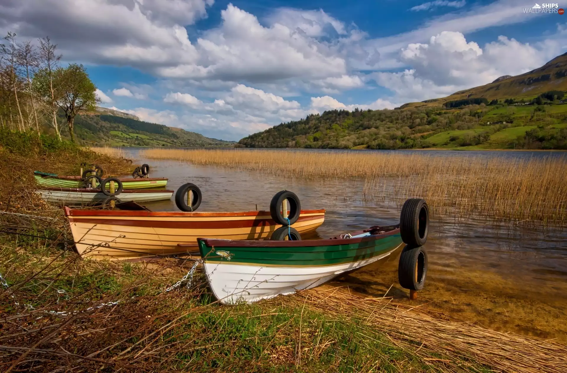 trees, lake, grass, The Hills, autumn, viewes, Boats