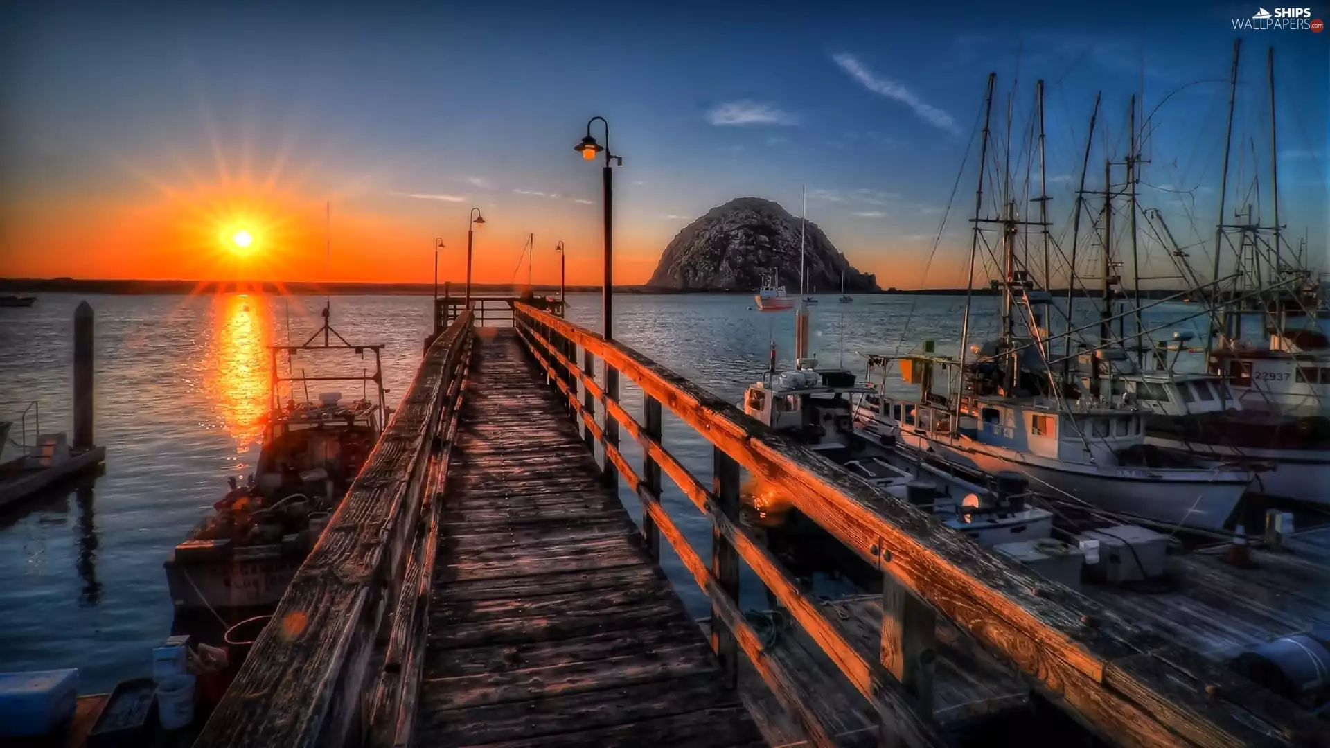 lake, Great Sunsets, boats, Platform, Harbour