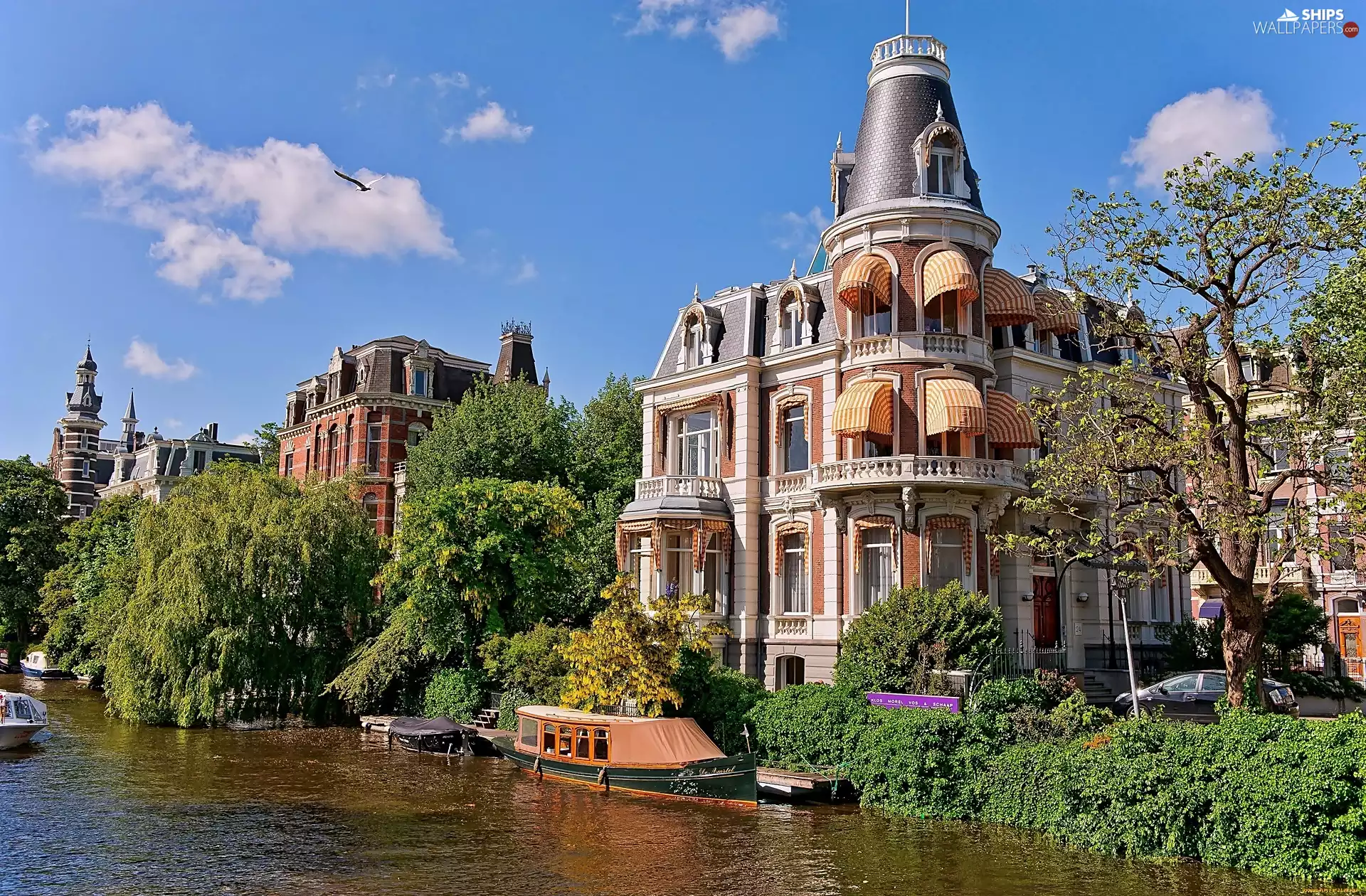 canal, Boats, Houses, VEGETATION, Palaces