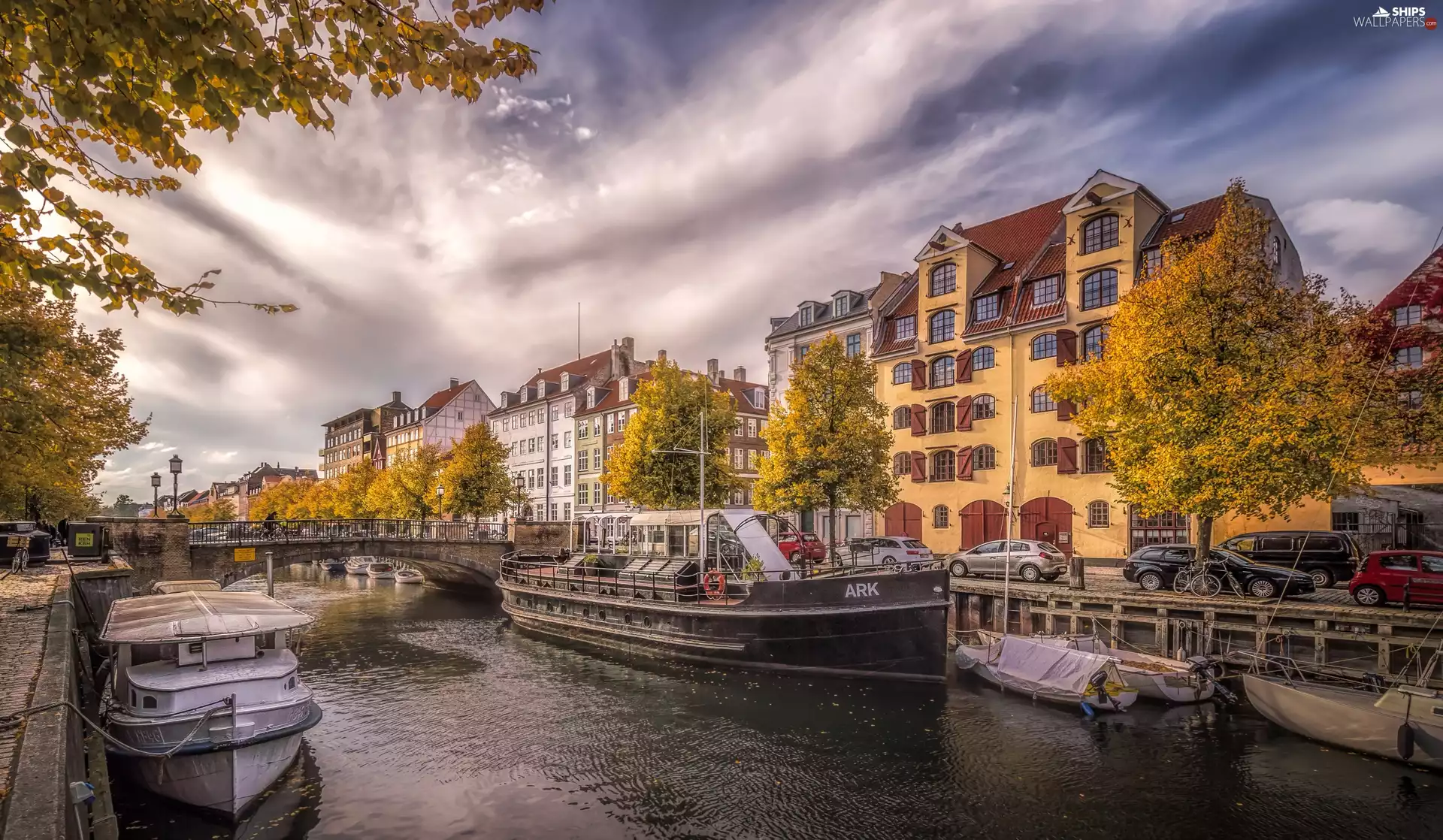 canal, River, Houses, bridge, motorboat, Copenhagen, Denmark, Boats