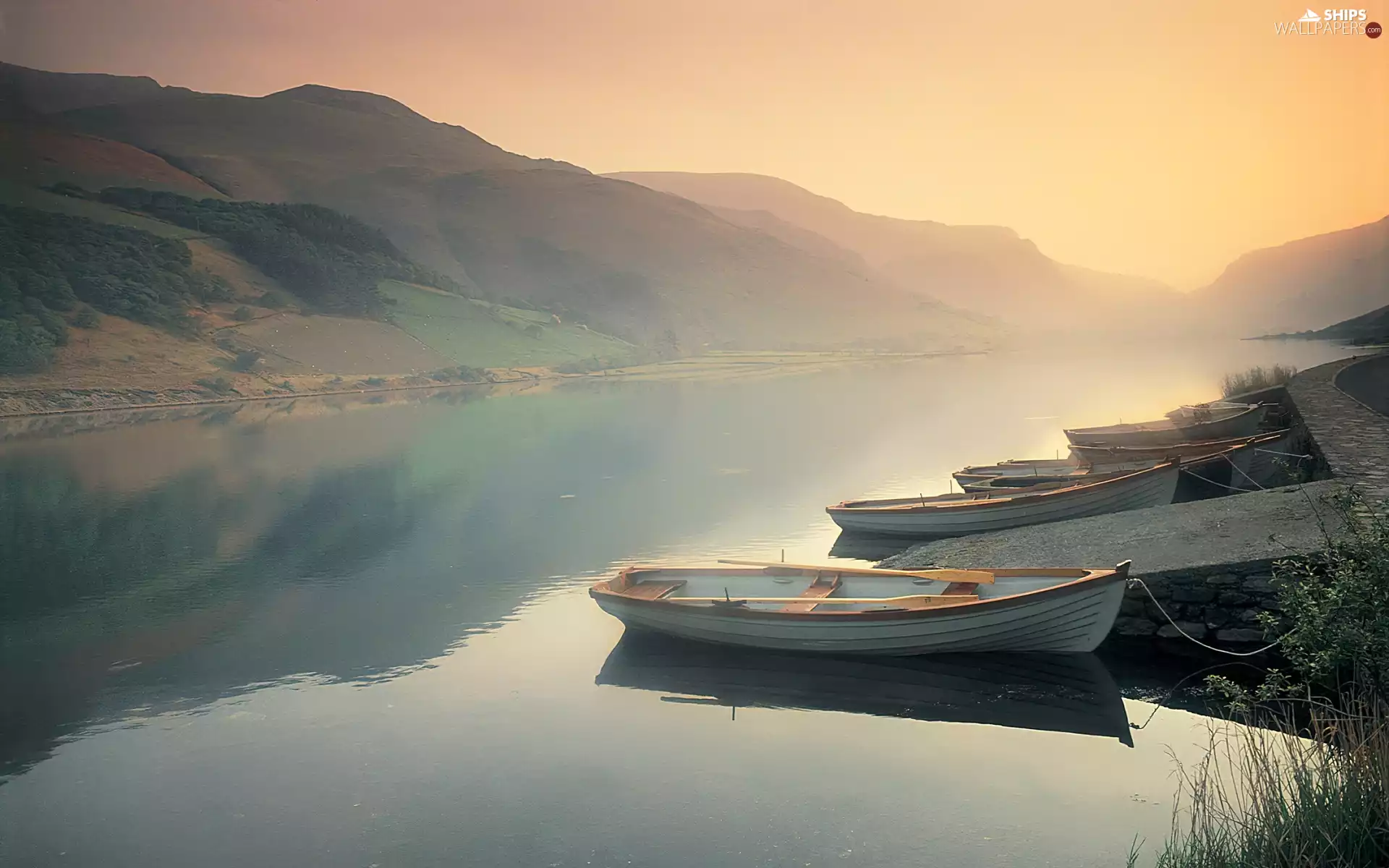 lake, Mountains, Fog, boats