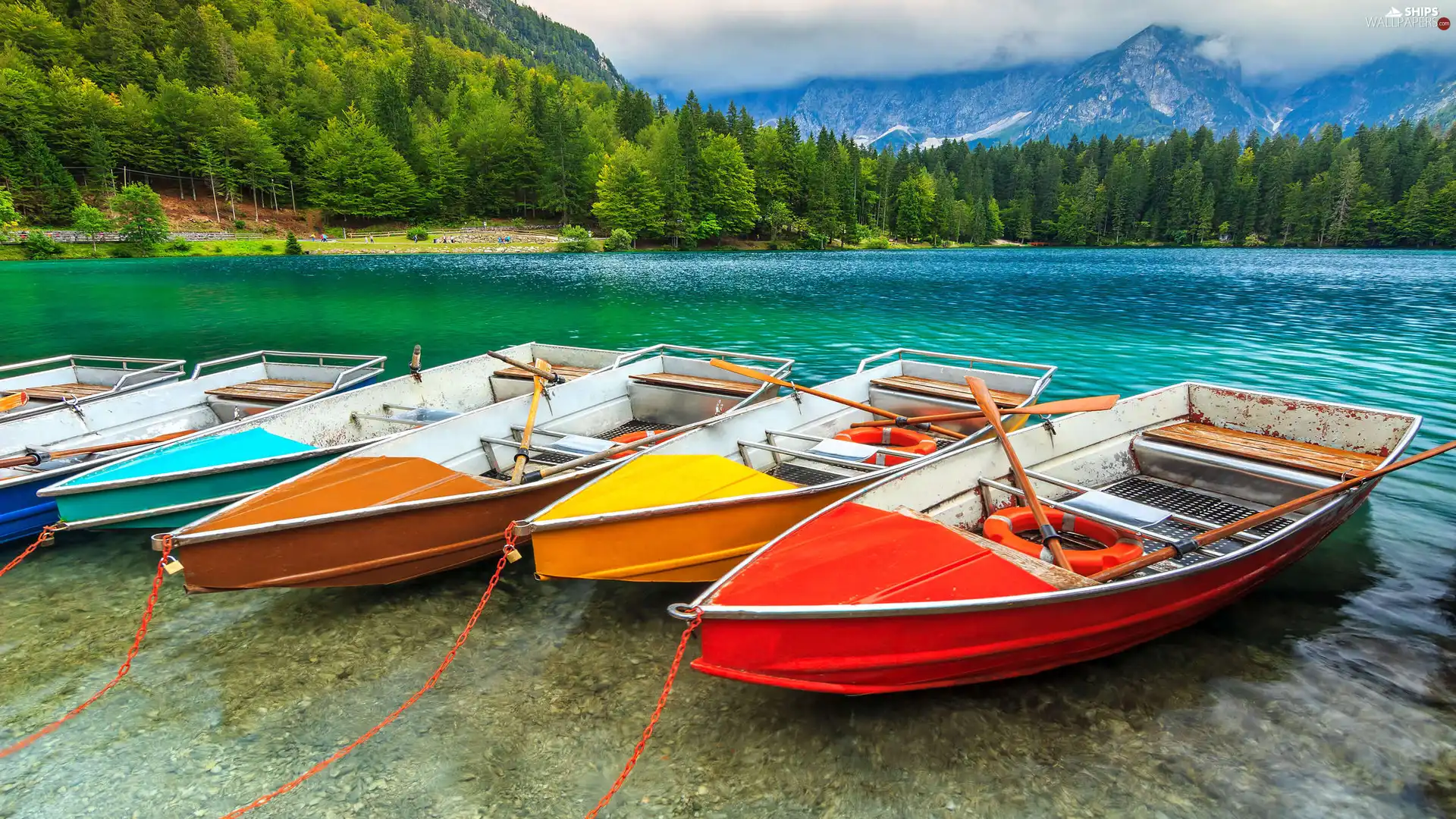 Alps, Fusine Lake, color, Mountains, Italy, woods, boats