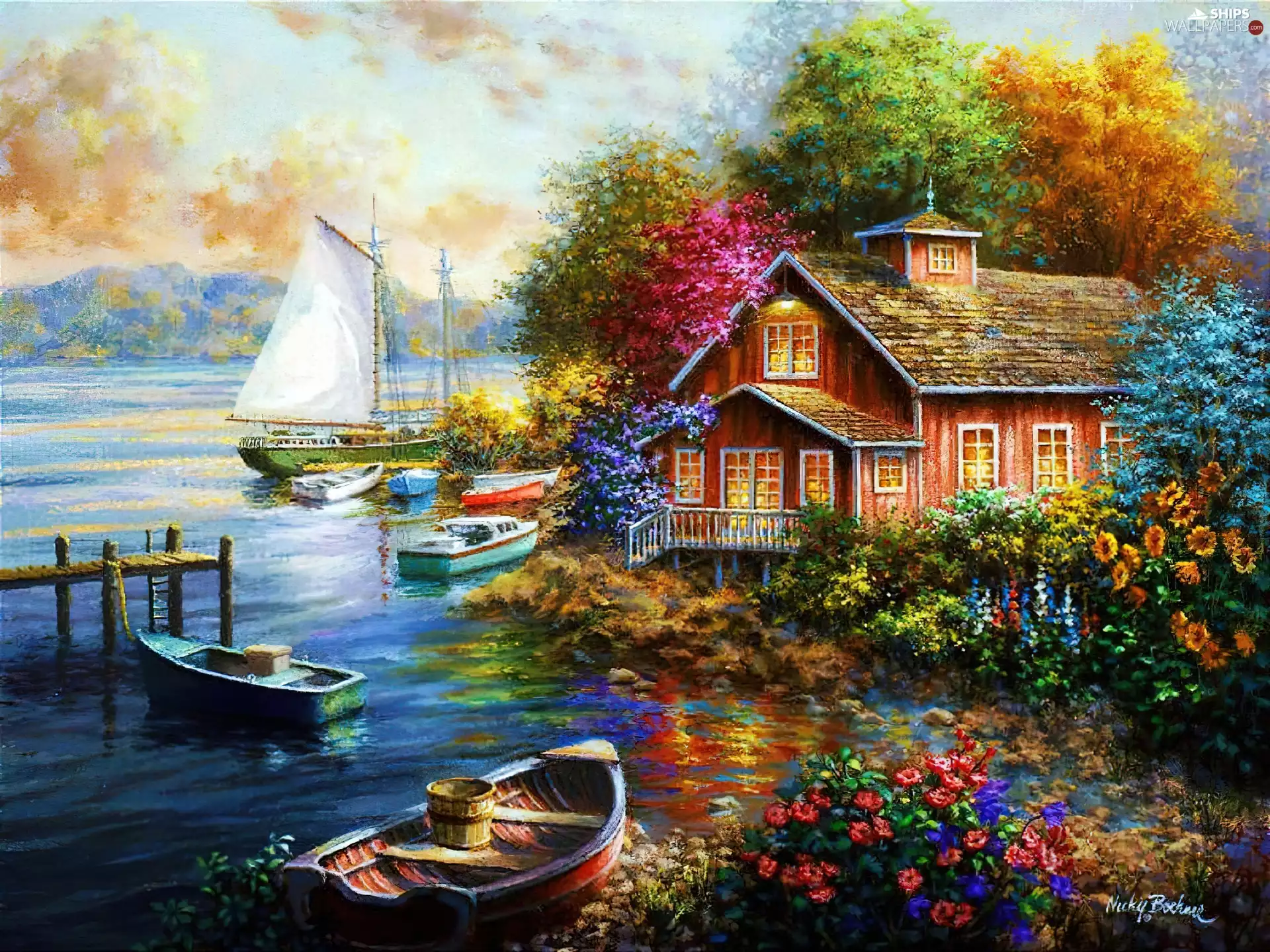 boats, house, lake