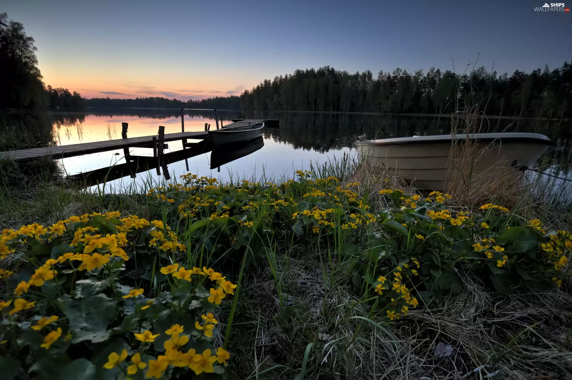 lake, evening, Platform, Boats