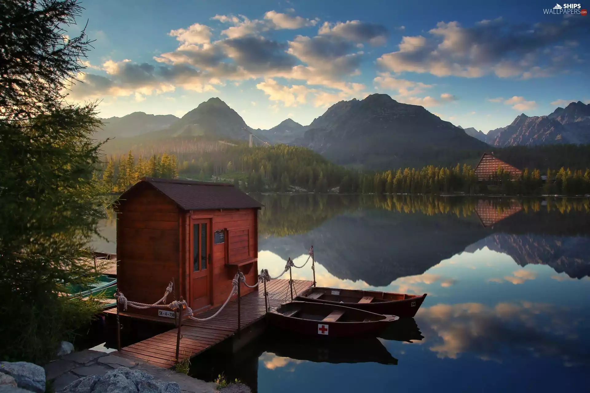 Harbour, Mountains, Platform, boats, Home, lake