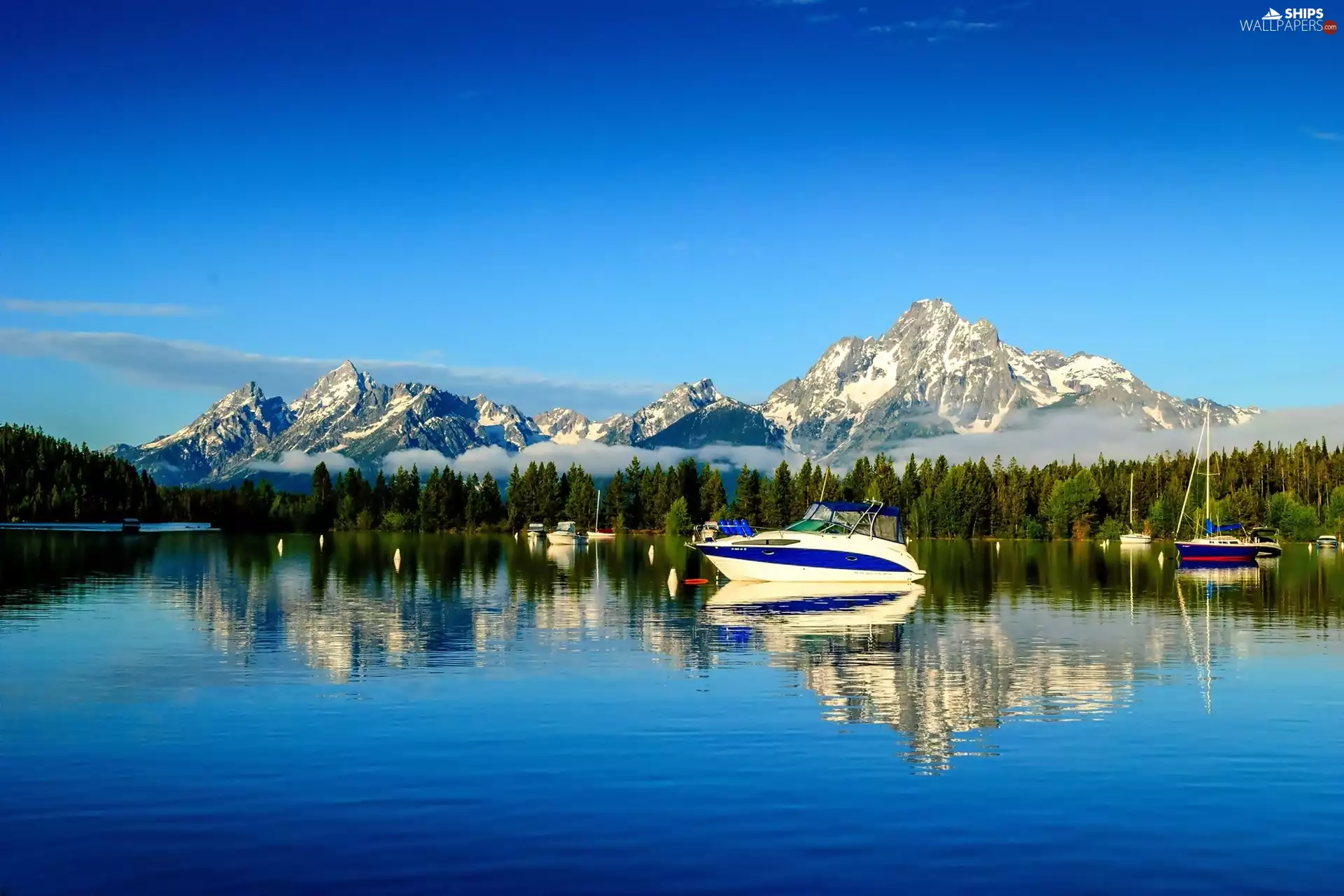 lake, Mountains, reflection, Boats