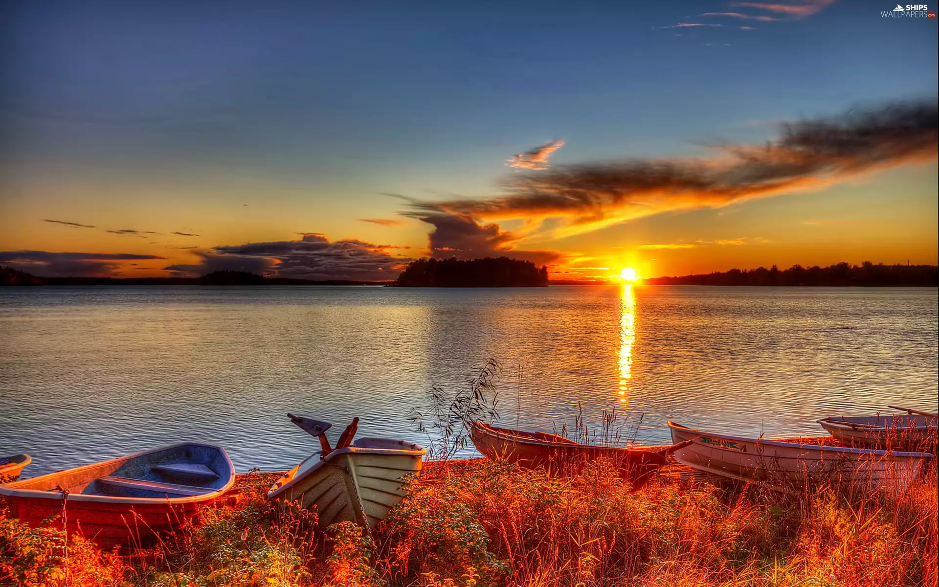 lake, west, sun, boats