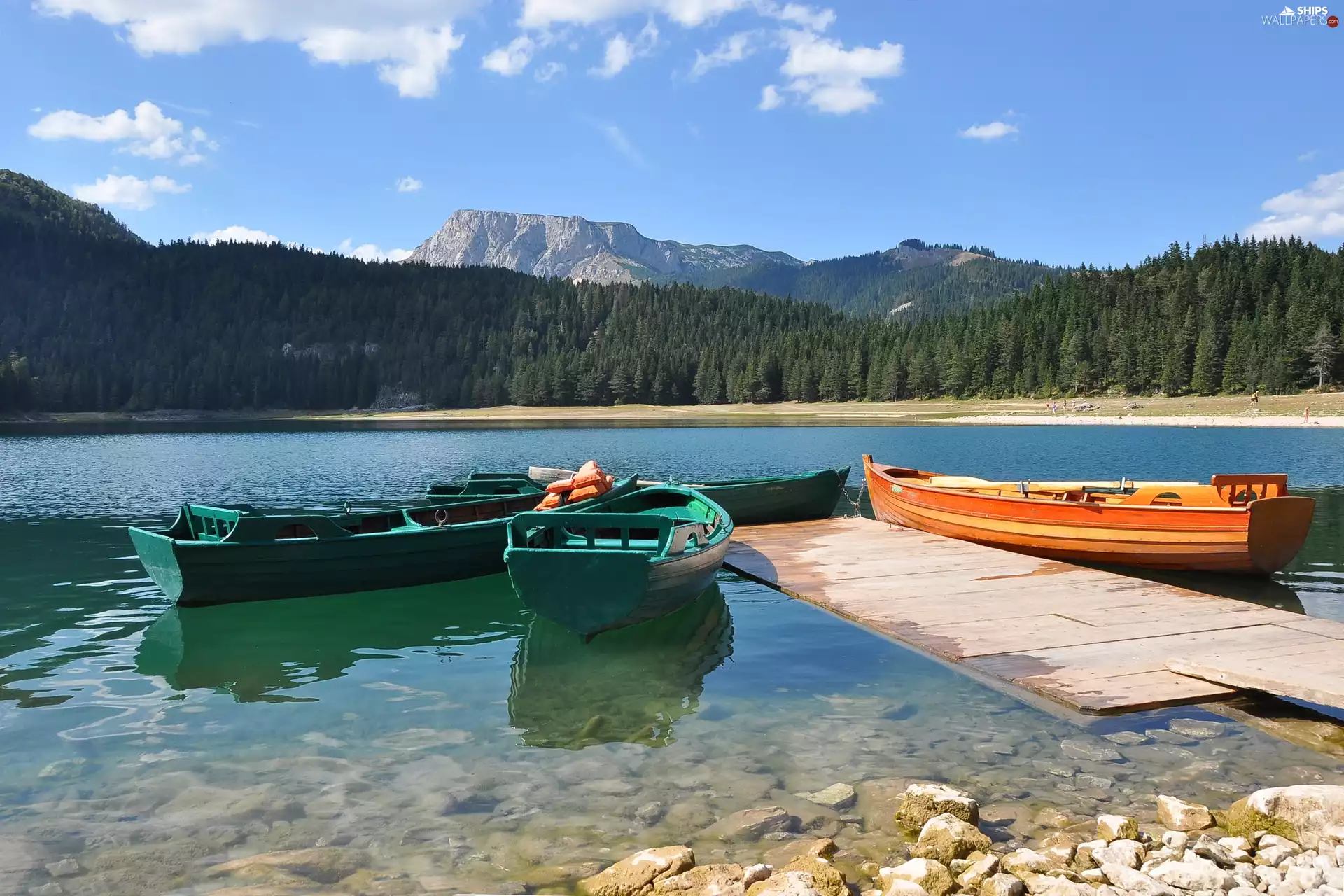 lake, Mountains, woods, Boats
