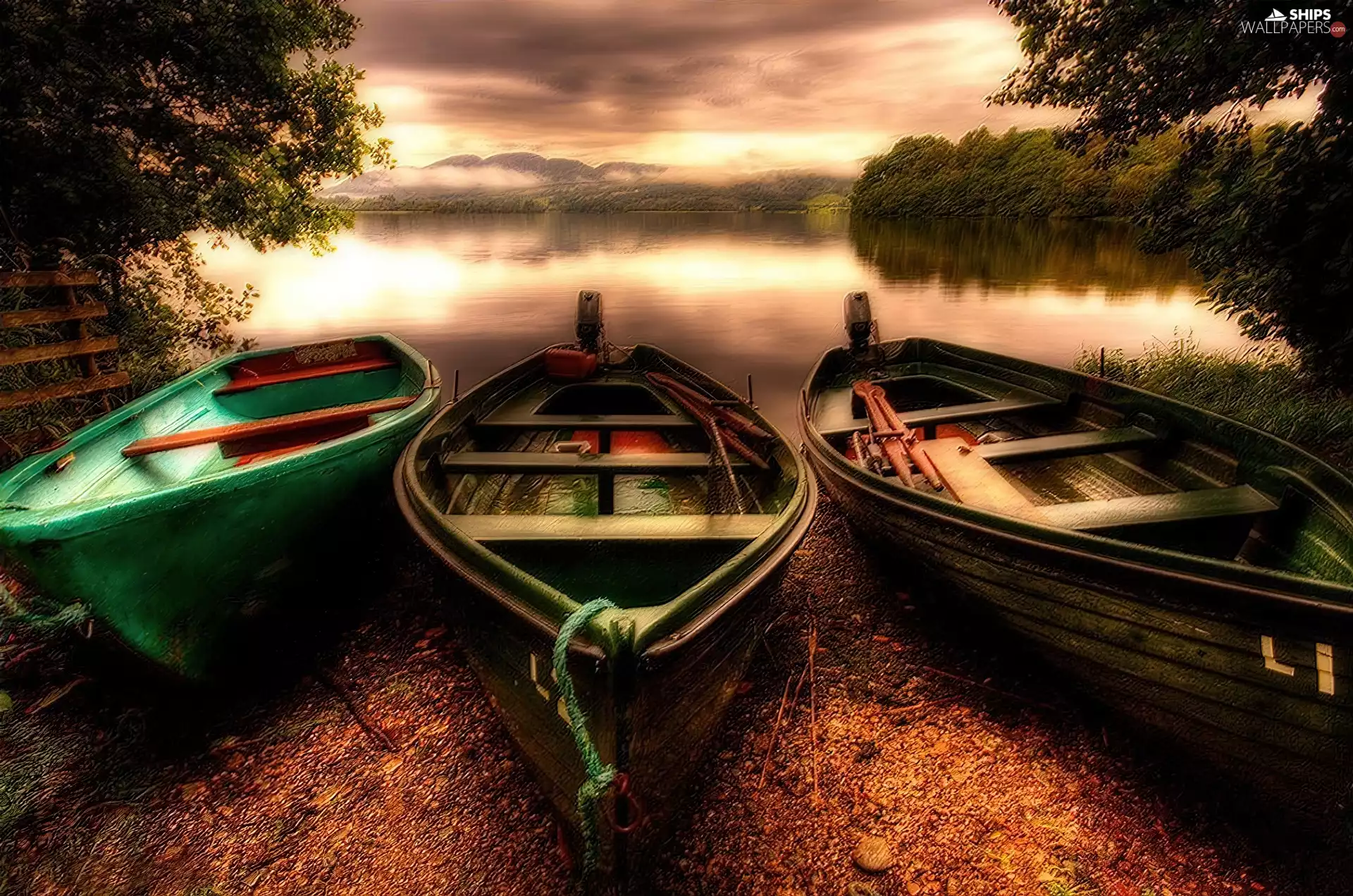 landscape, lake, forest, Boats