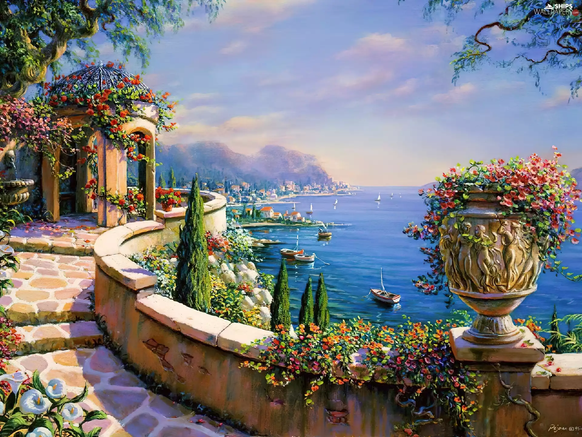 sea, boats, patio, Flowers, terrace
